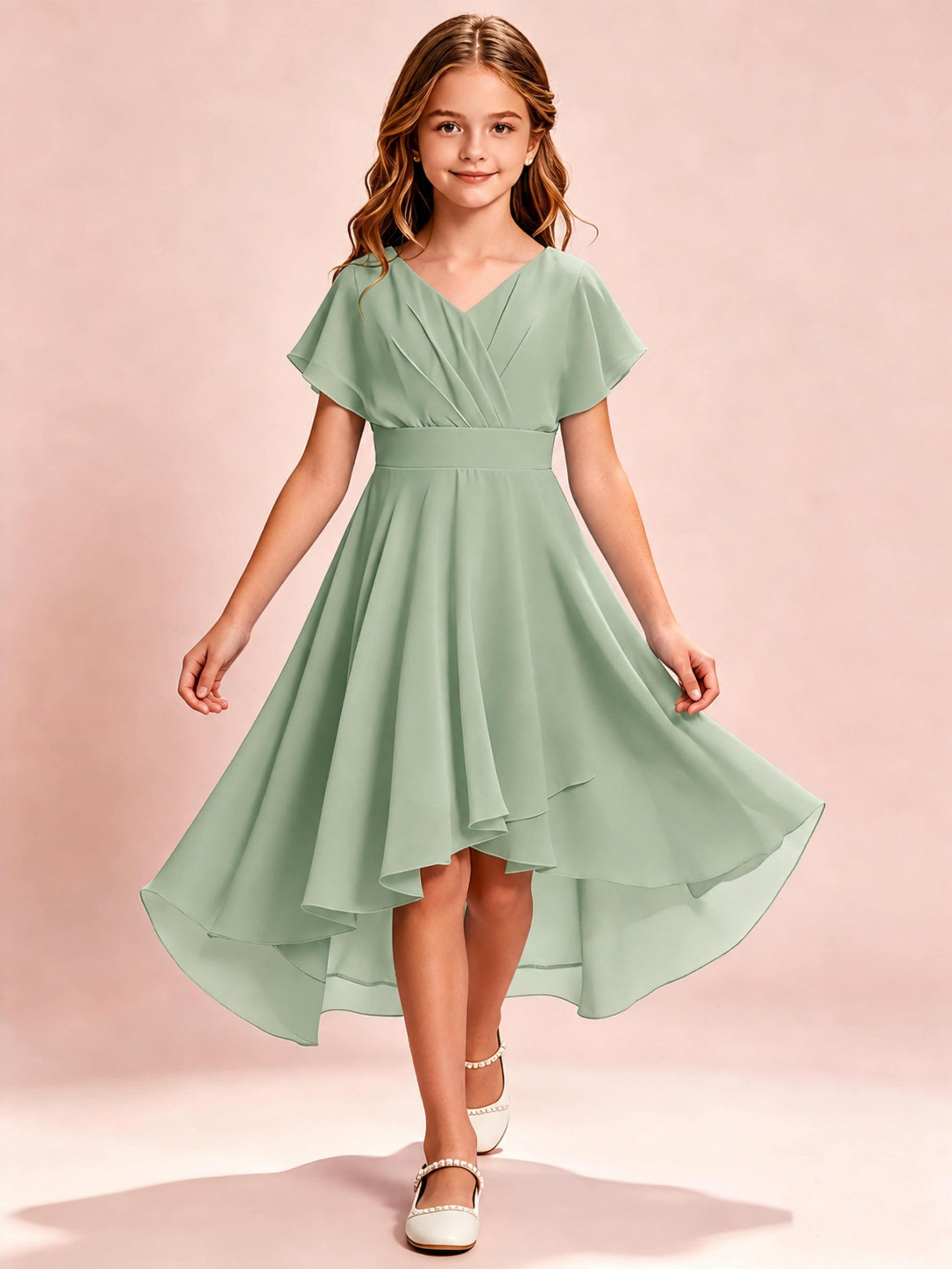 Chiffon High Low Cap Sleeve Junior Bridesmaid Dress for Wedding
