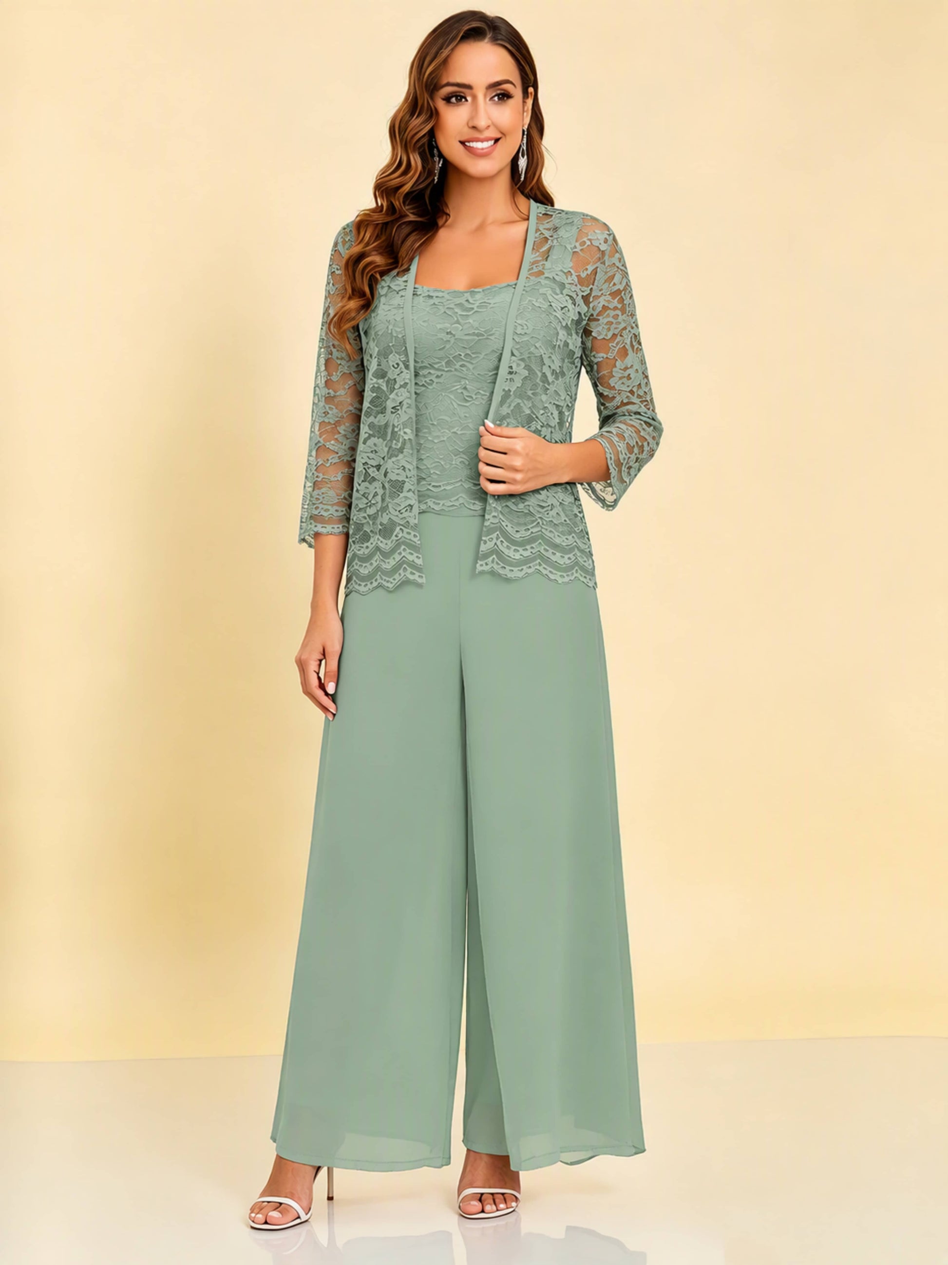 Chiffon Lace Flowy 3 Pieces Mother of The Bride Pant Suits Women Wedding
