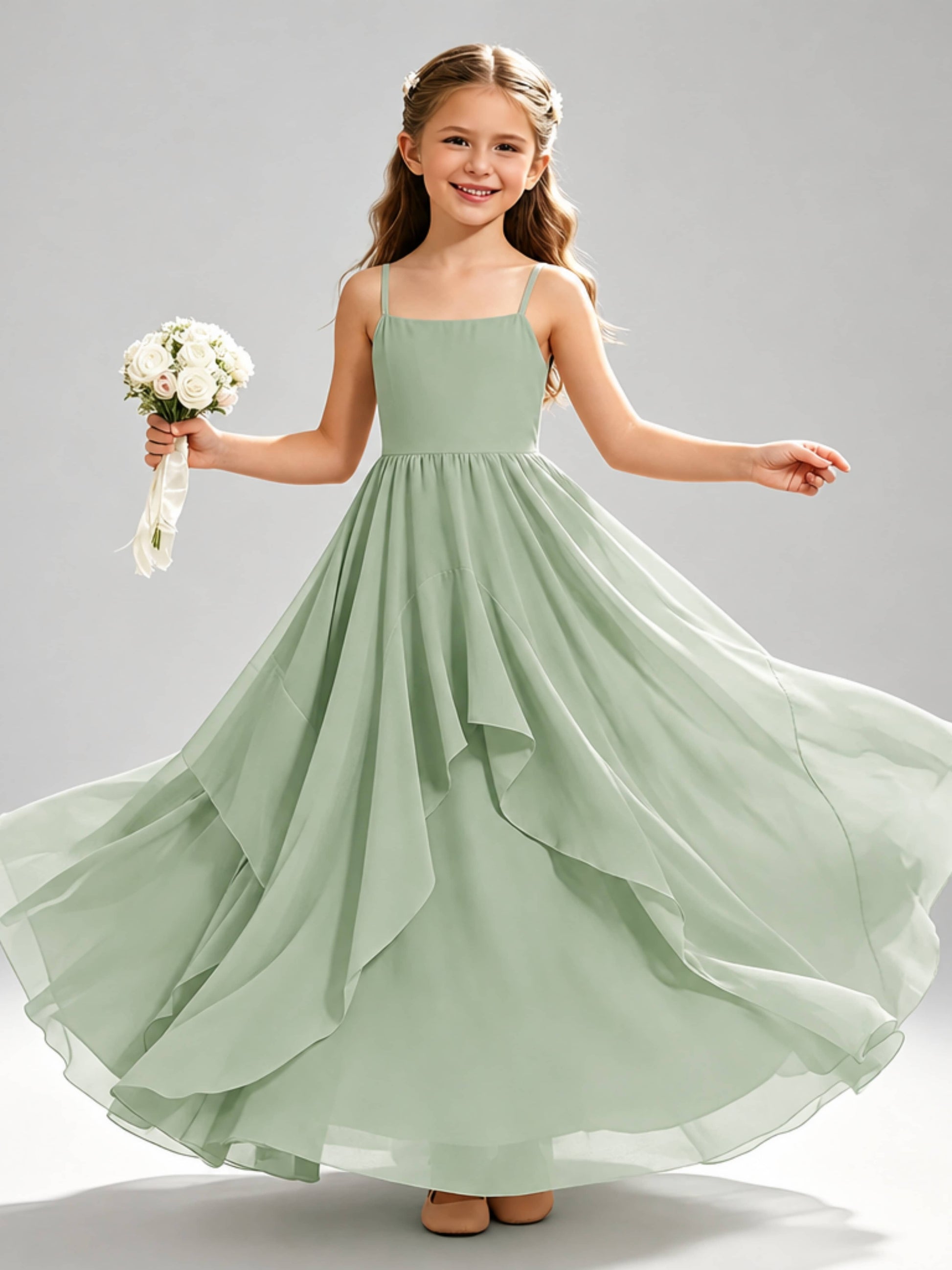 A-Line Spaghetti Straps Ruffle Junior Bridesmaid Dresses