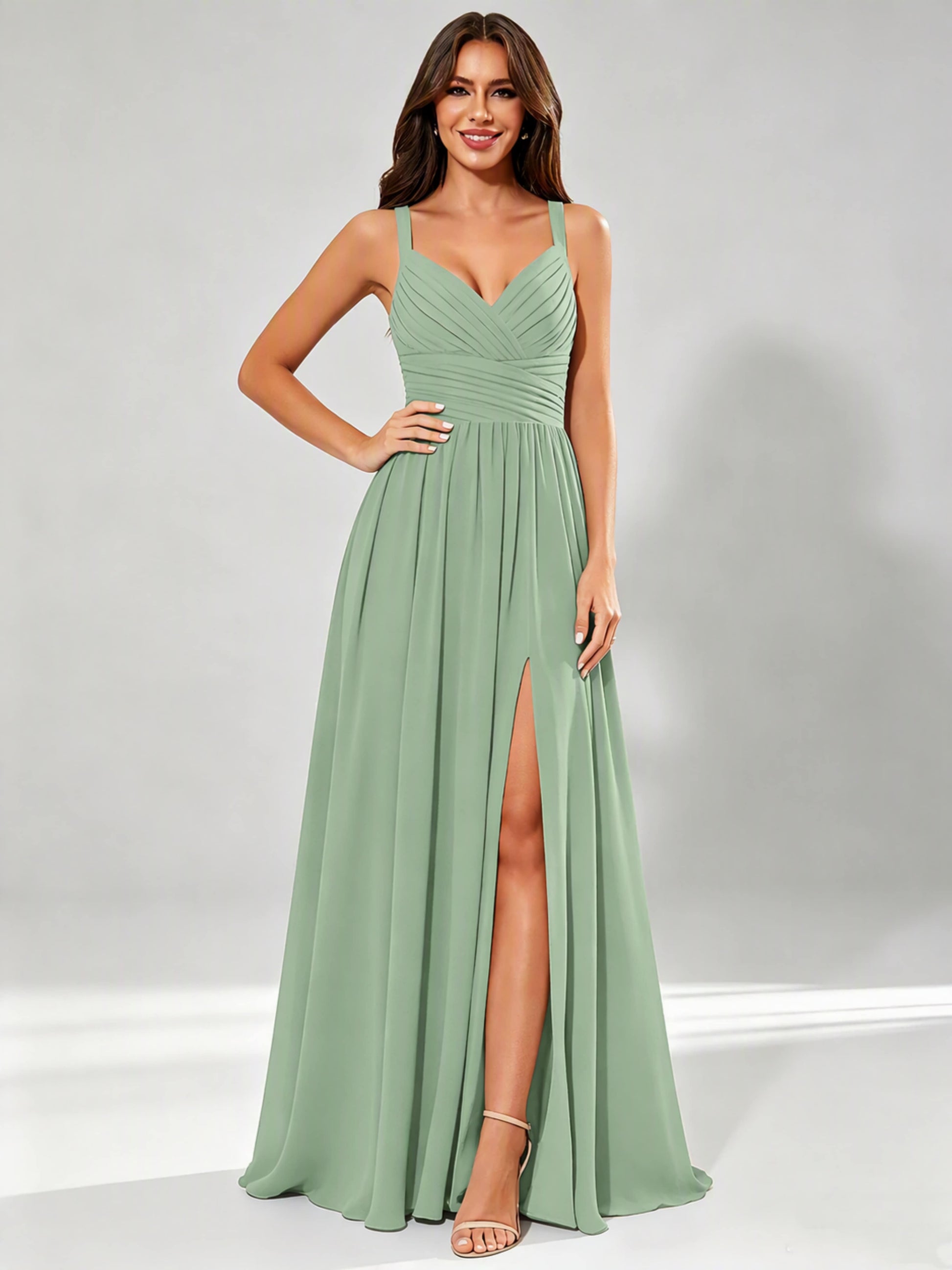 Spaghetti Straps Chiffon Ruched Bust Pleated Bridesmaid Dress for Wedding