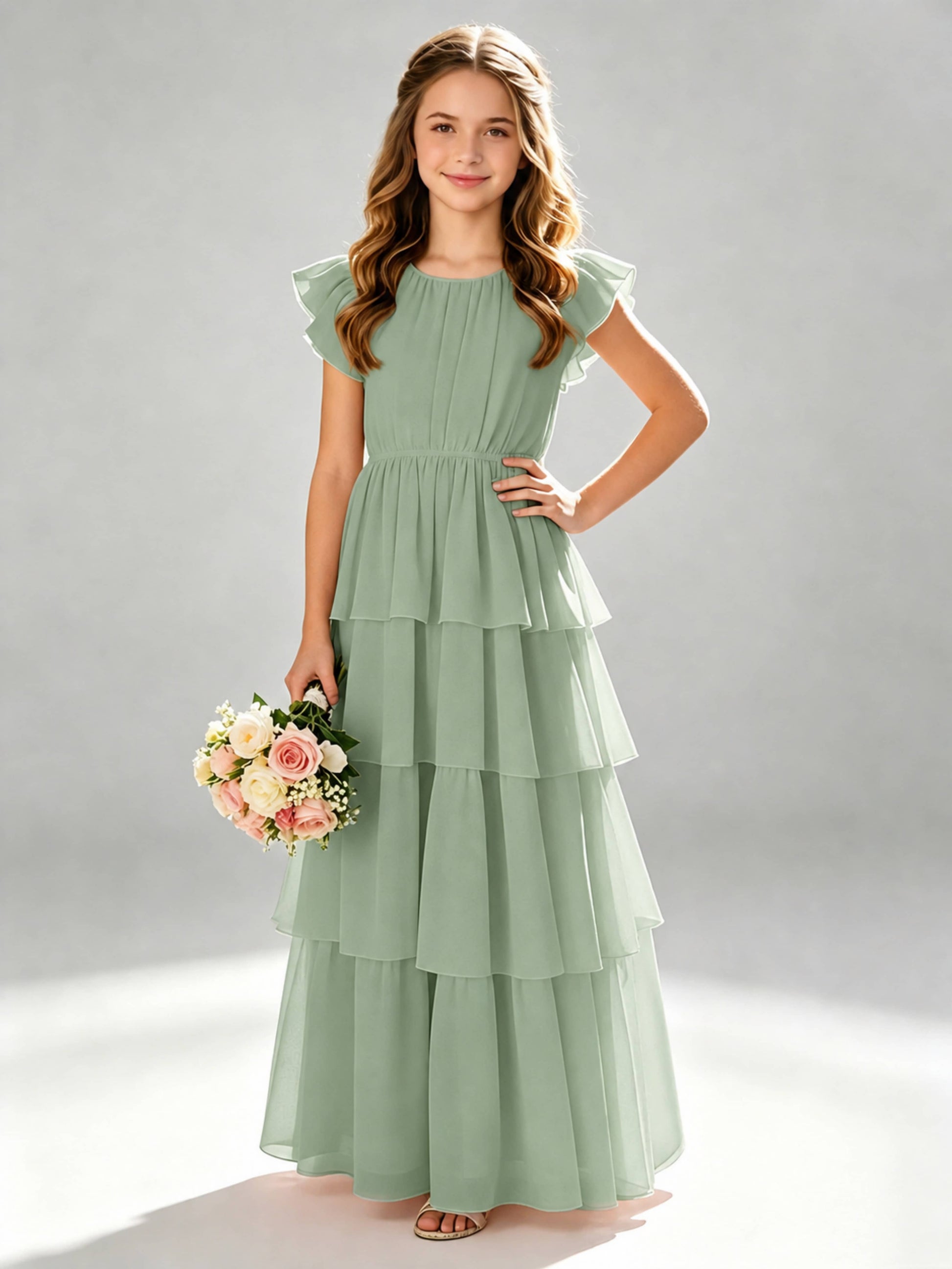 Chiffon Tiered Pleated Long Junior Bridesmaid Dresses