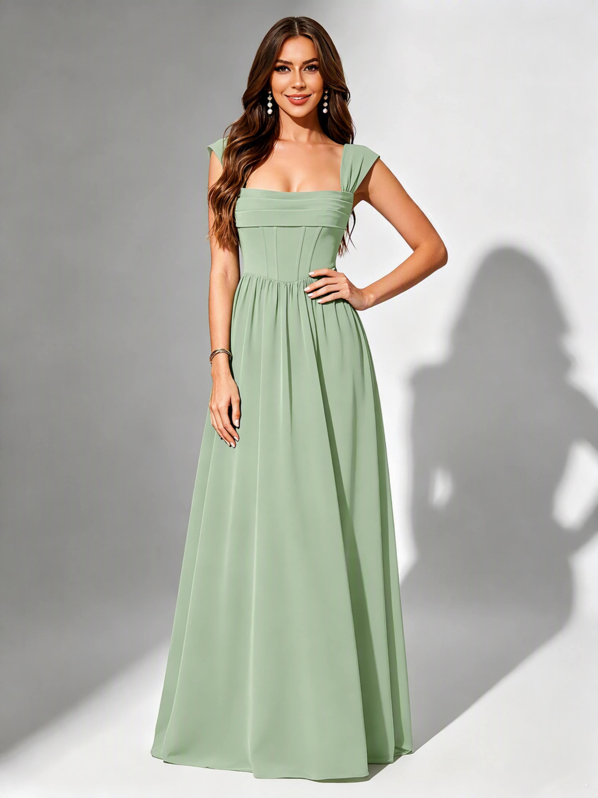 Square Neck Chiffon Bridesmaid Dress Corset Formal Gown