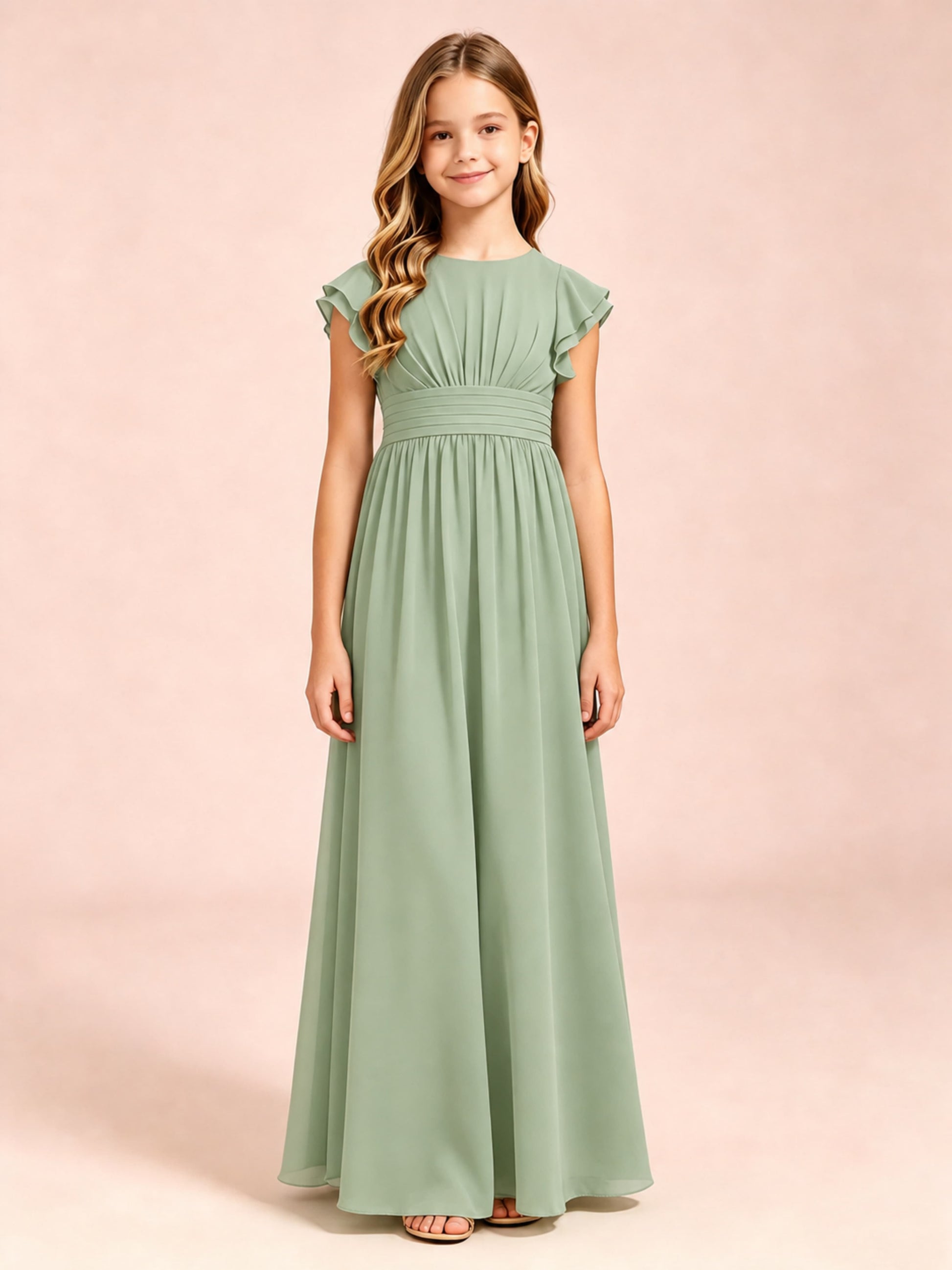 Chiffon Ruffle Cap Sleeve Junior Bridesmaid Dress for Wedding