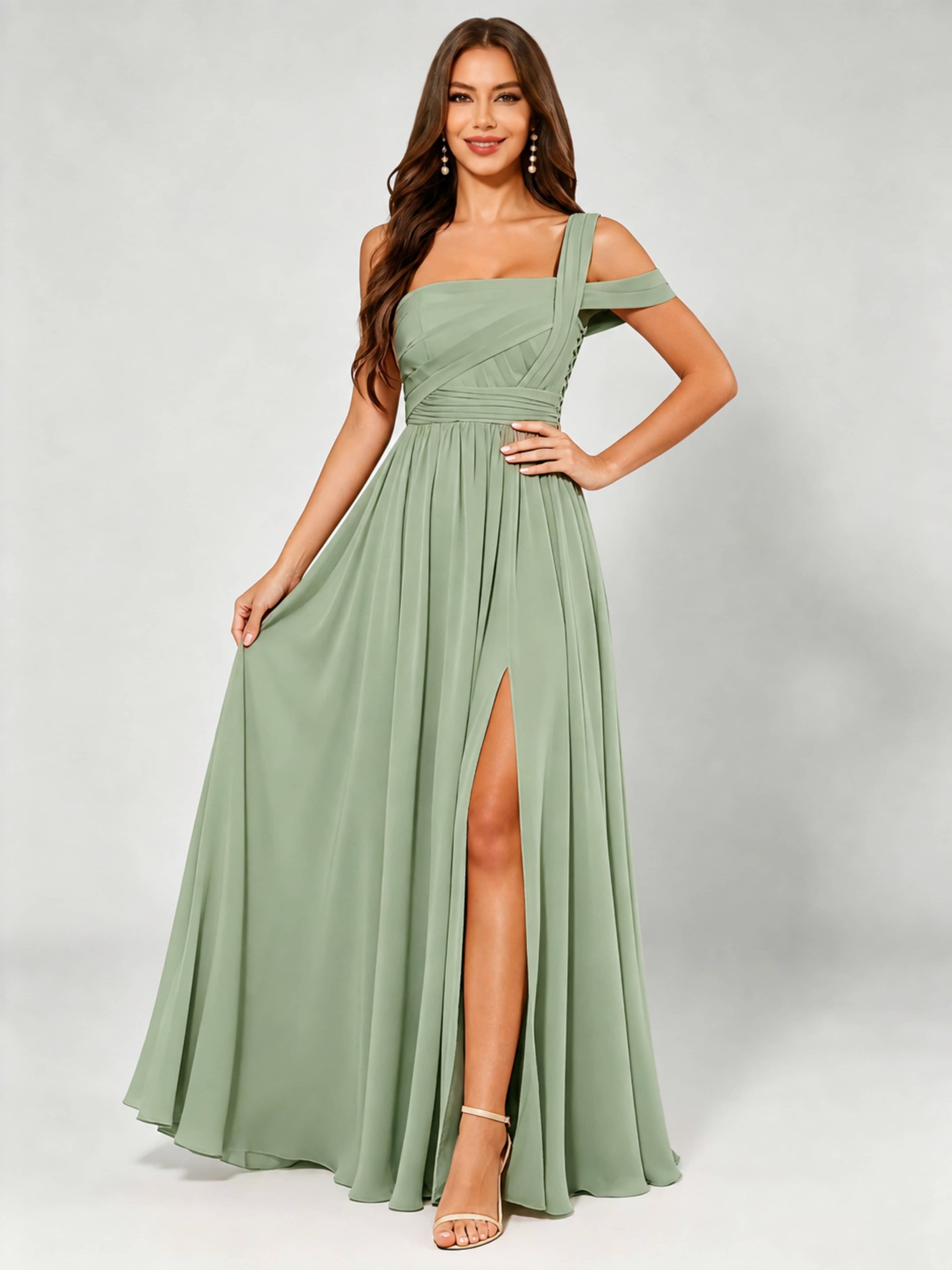 One Shoulder Chiffon Pleated Bridesmaid Dresses for Wedding