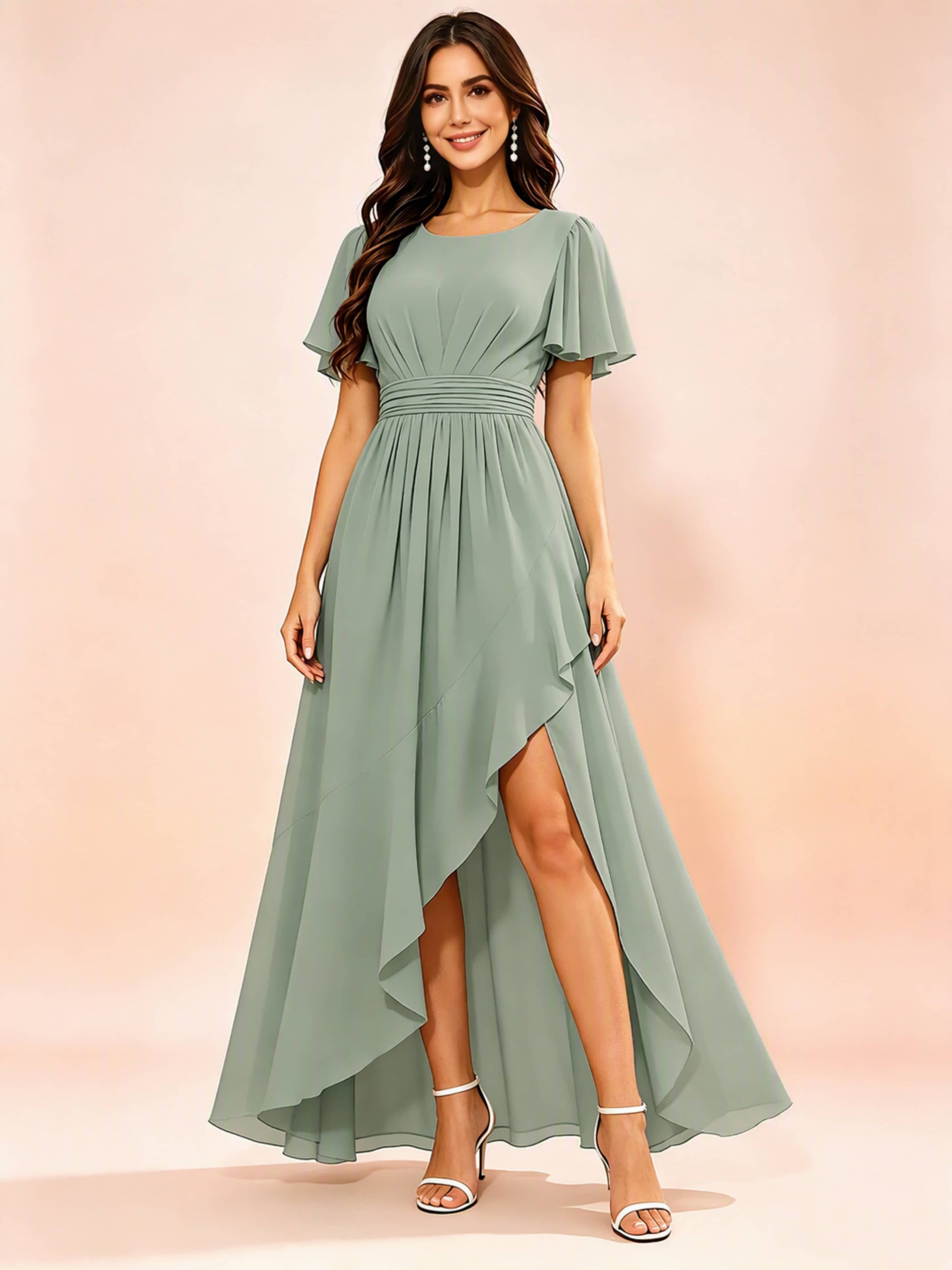 Chiffon High Low Round Neck Bridesmaid / Wedding Guest Dresses