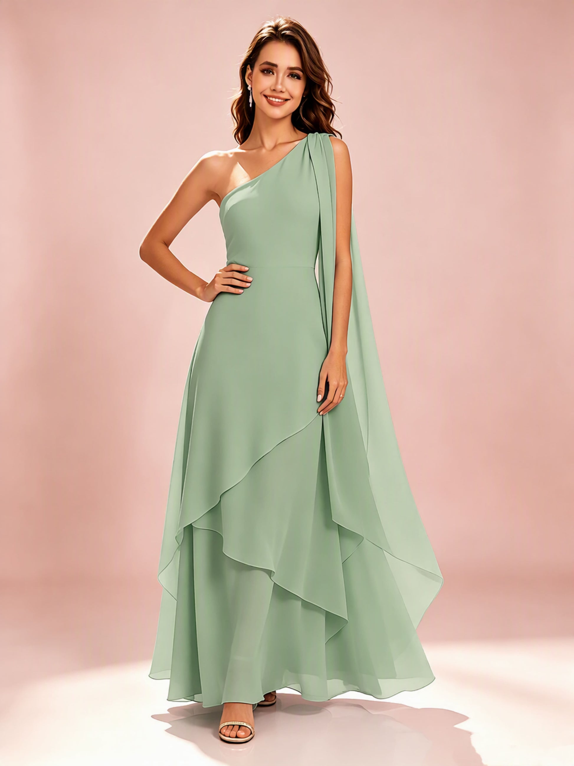 One Shoulder Chiffon Tiered Layered Bridesmaid Dresses for Wedding