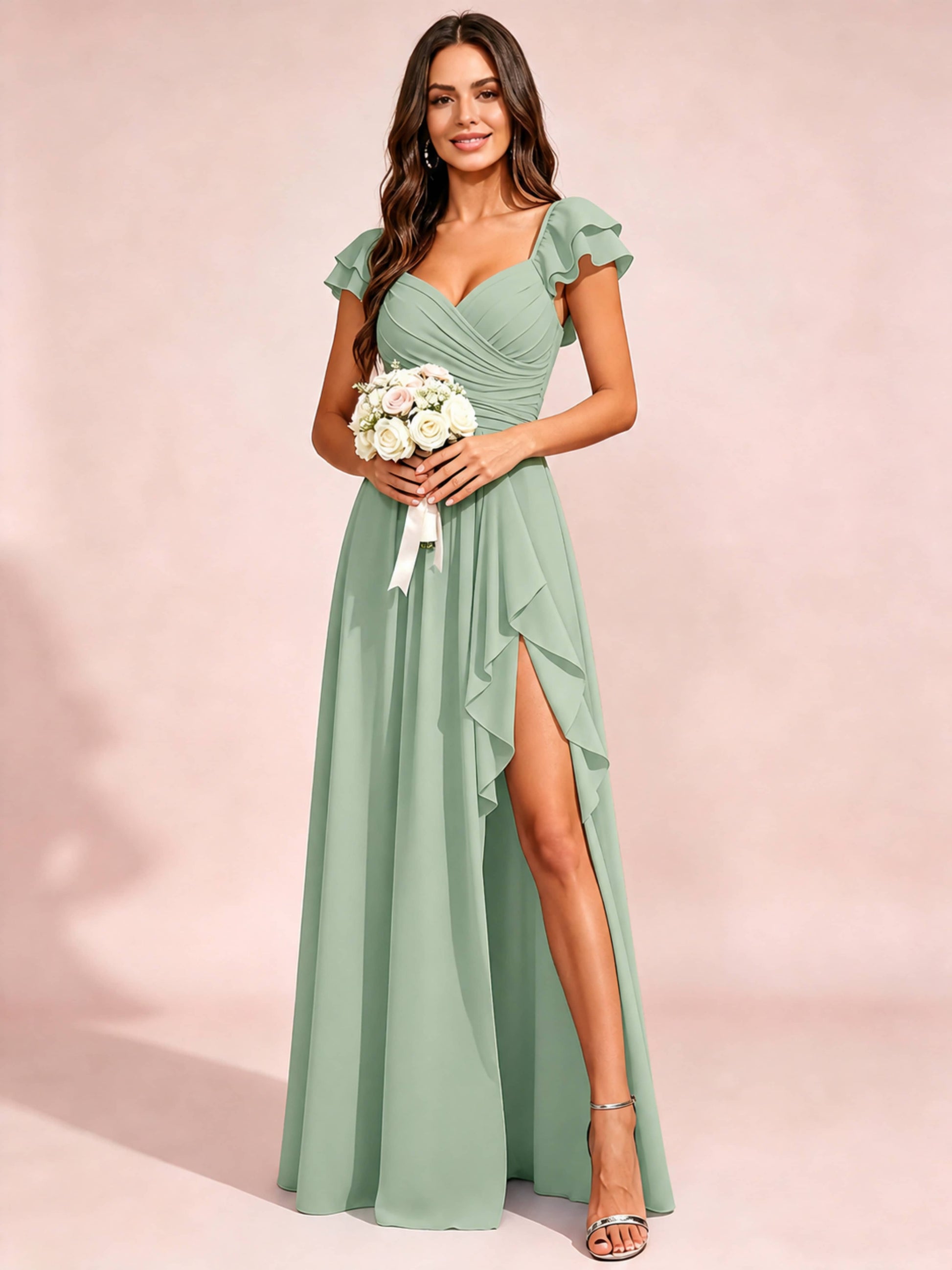 Chiffon Sweetheart Neck Ruched Bust Bridesmaid Dresses with Ruffle Slit