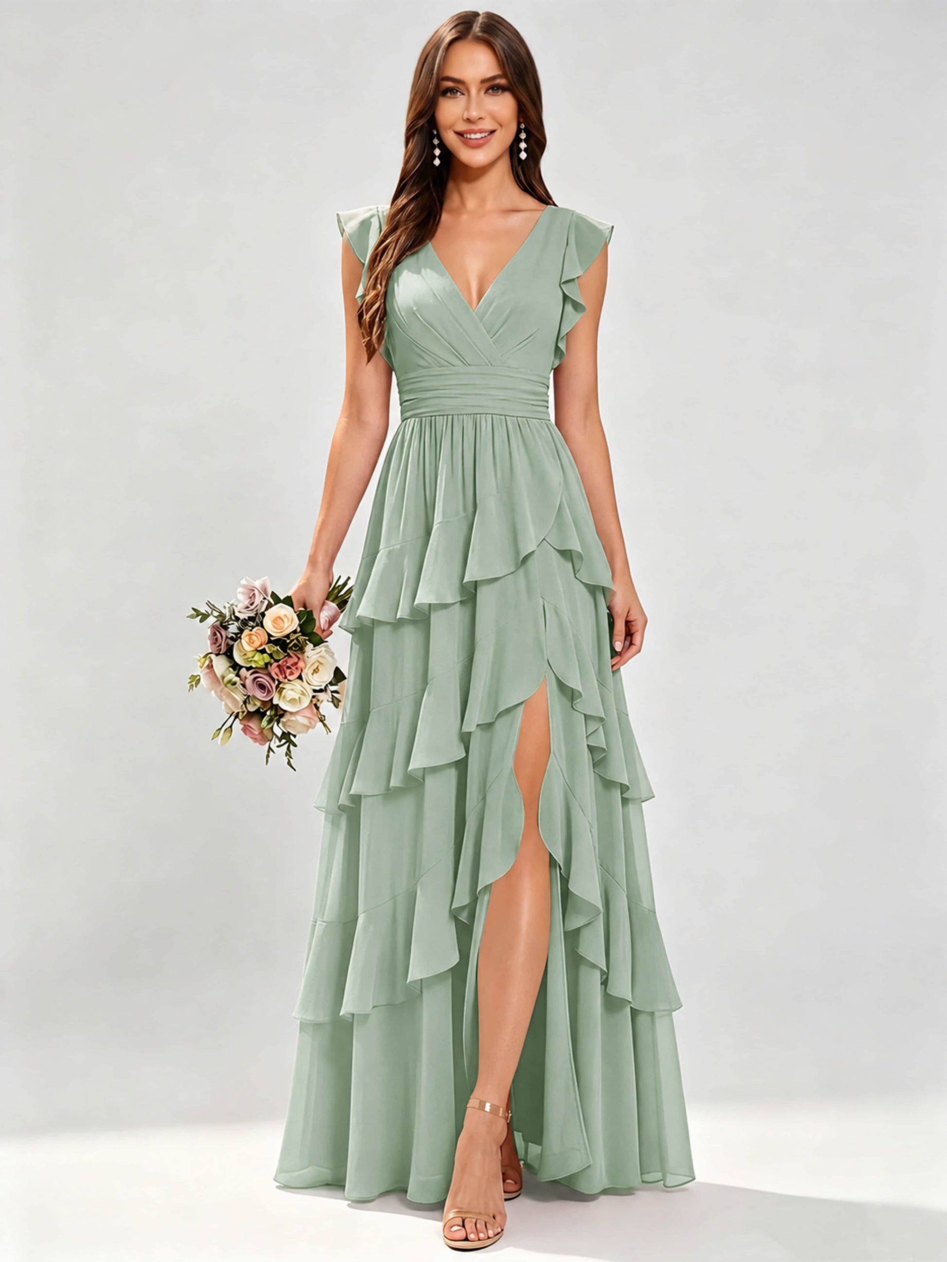 Ruffle Sleeve Tiered Chiffon Bridesmaid Dresses for Wedding with Slit