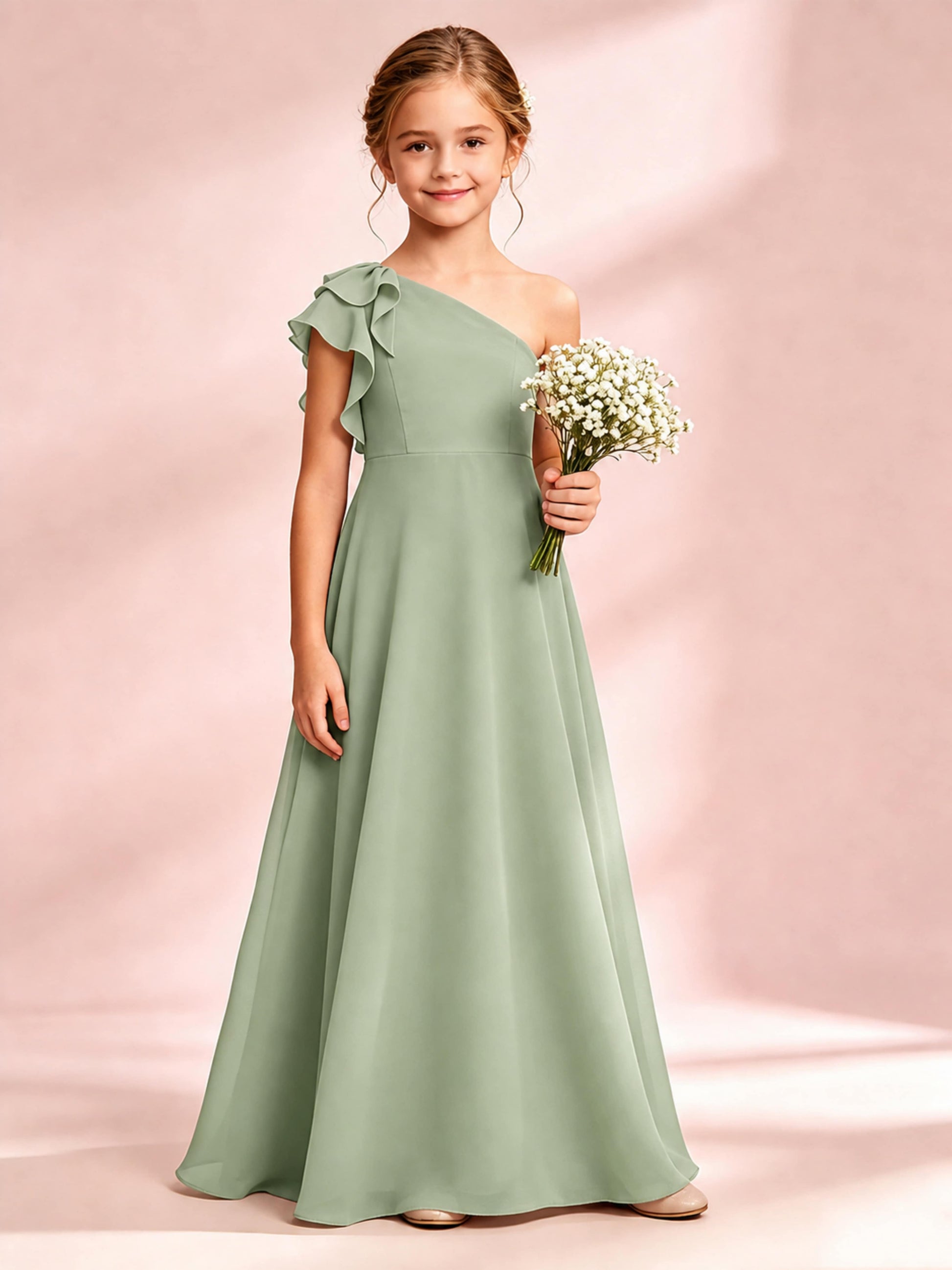 Chiffon Junior Bridesmaid Dress for Wedding One Shoulder Flower Girl Dresses