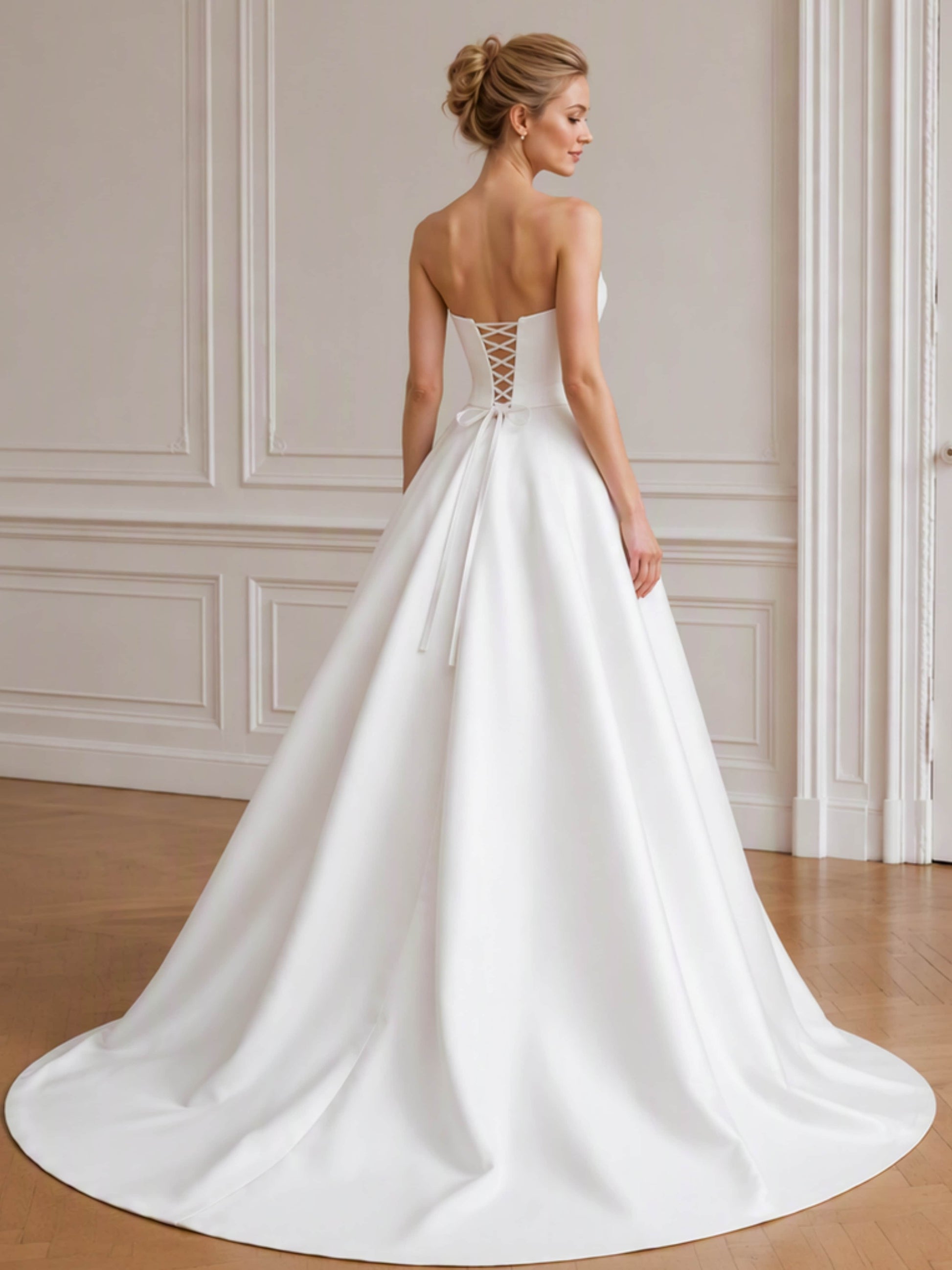 Strapless Satin Wedding Dress Elegant Tulle Pearl Gown