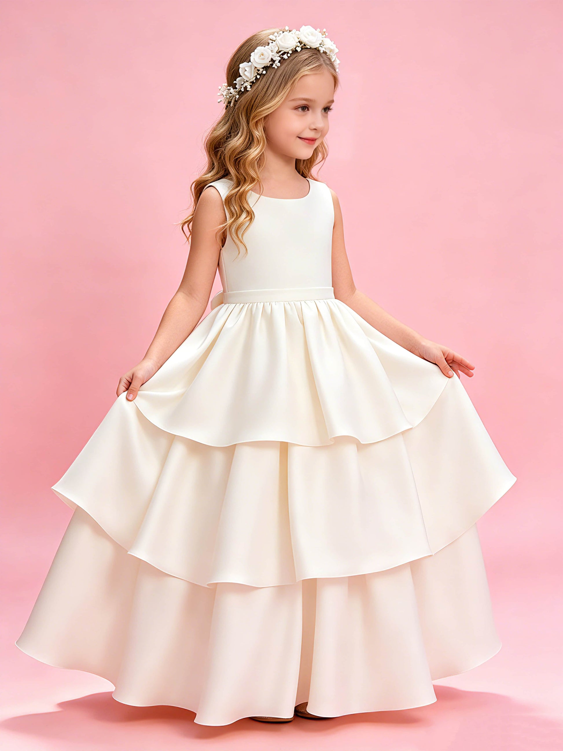 Tiered Flower Girl Dress with Bow Princess Girls Pageant Gowns