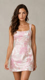 Satin Jacquard Floral Homecoming Dress Square Neck Short Prom Gown