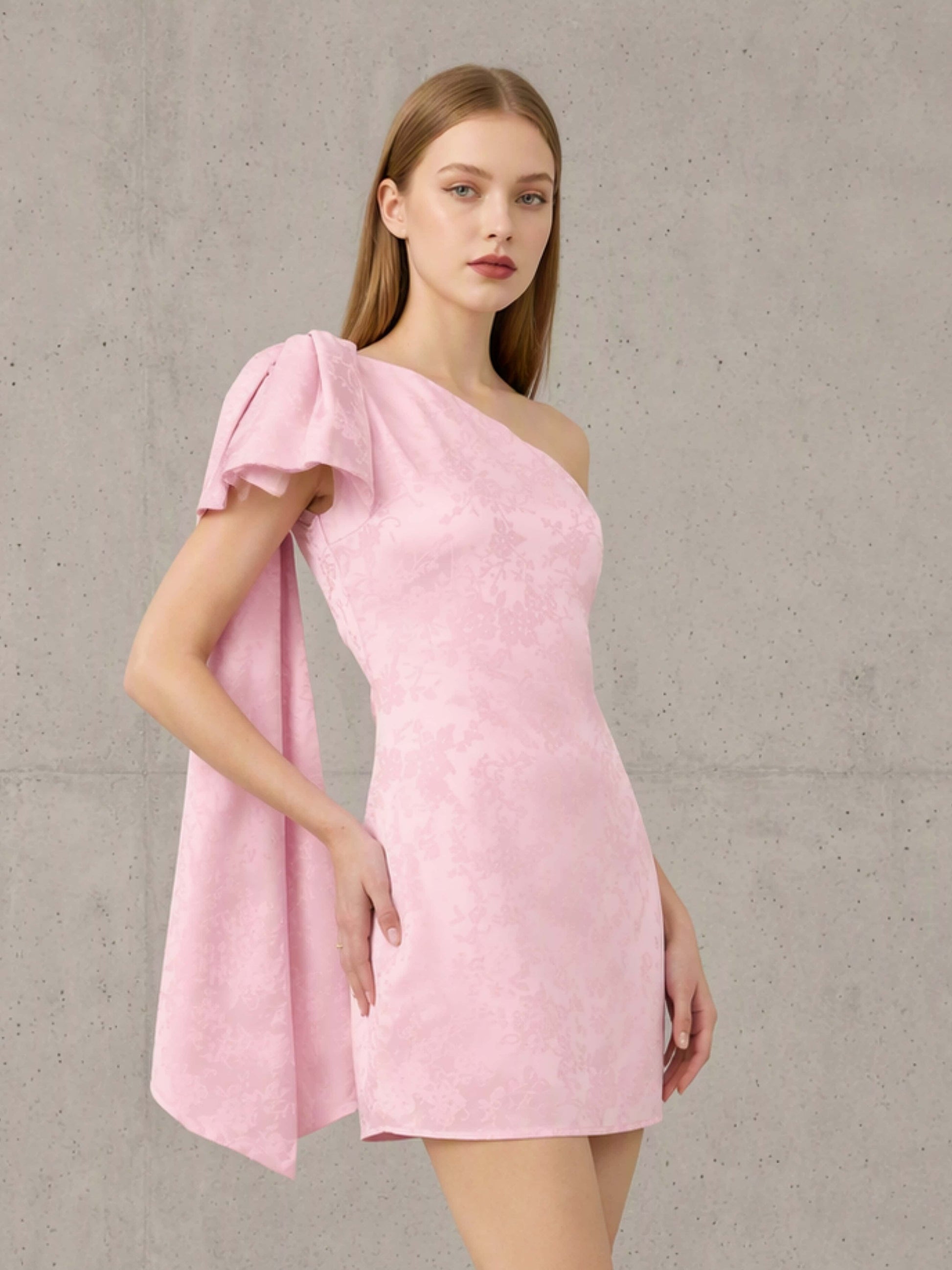 Satin Jacquard One Shoulder Short Homecoming Dress with Bow