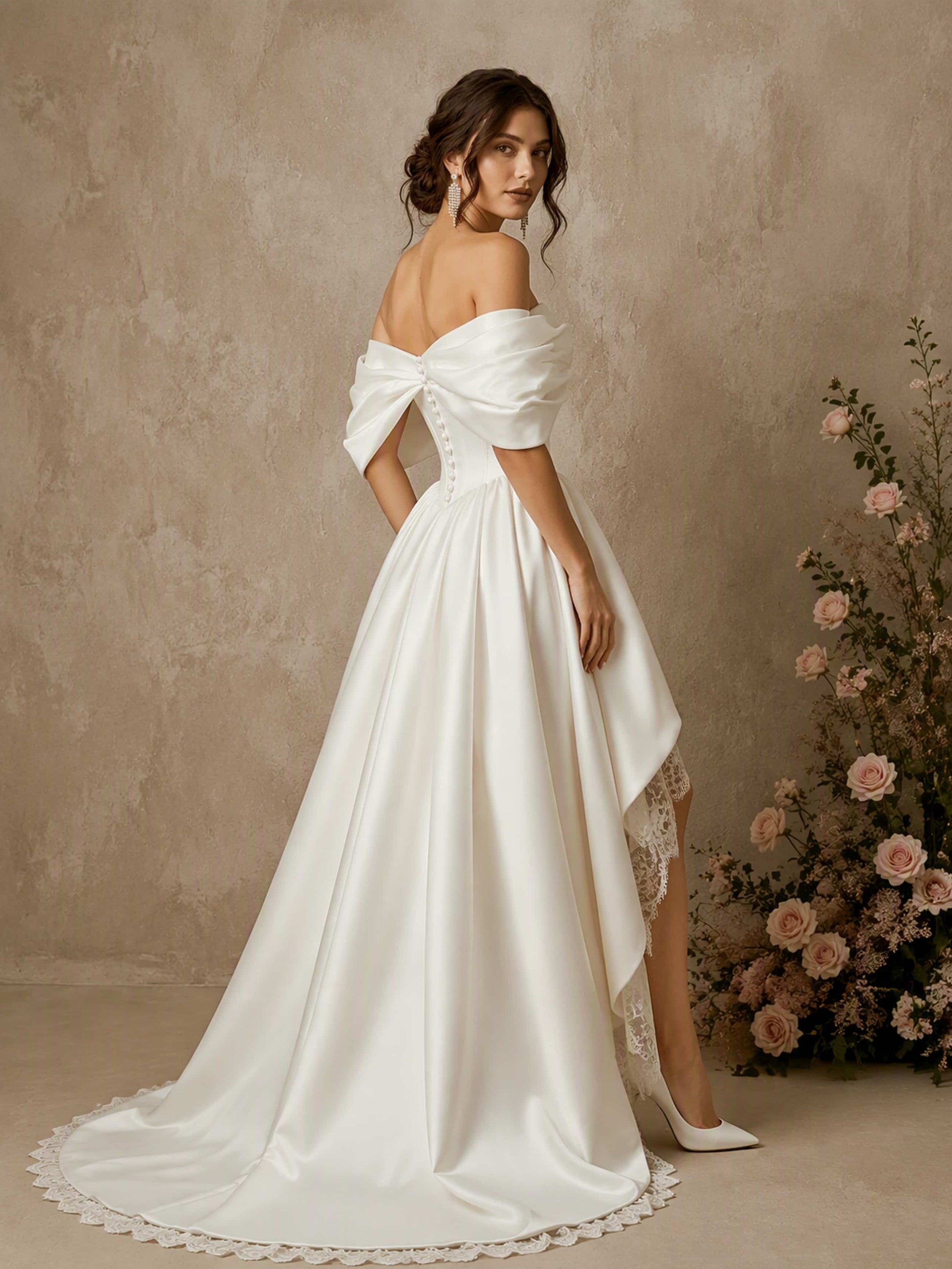 Off The Shoulder Satin Lace High Low Wedding Dress Ball Gown