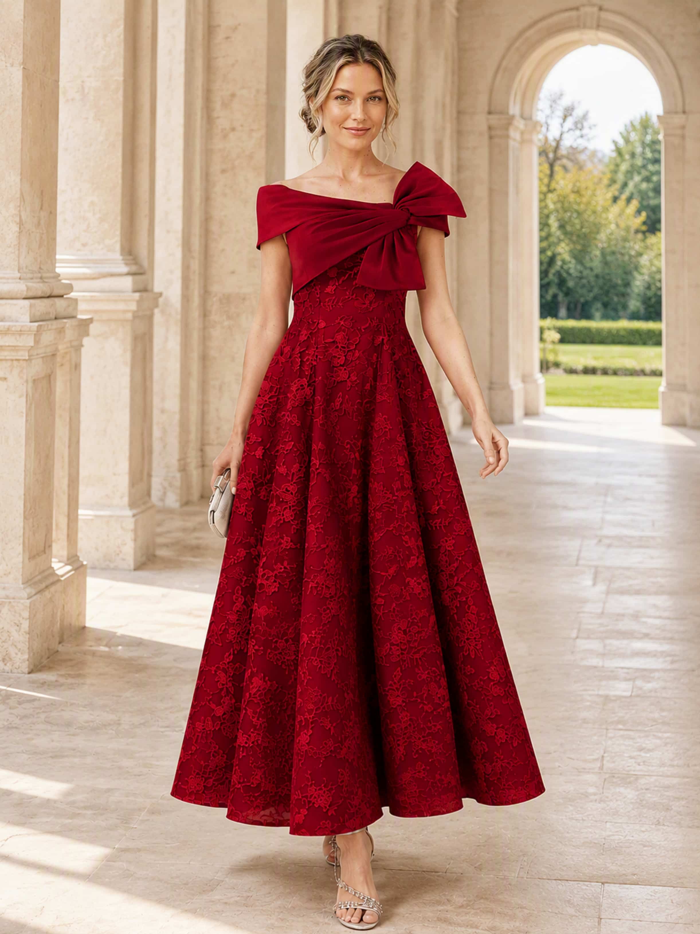 Ankle Length Lace Off Shoulder Mother of The Bride Dress