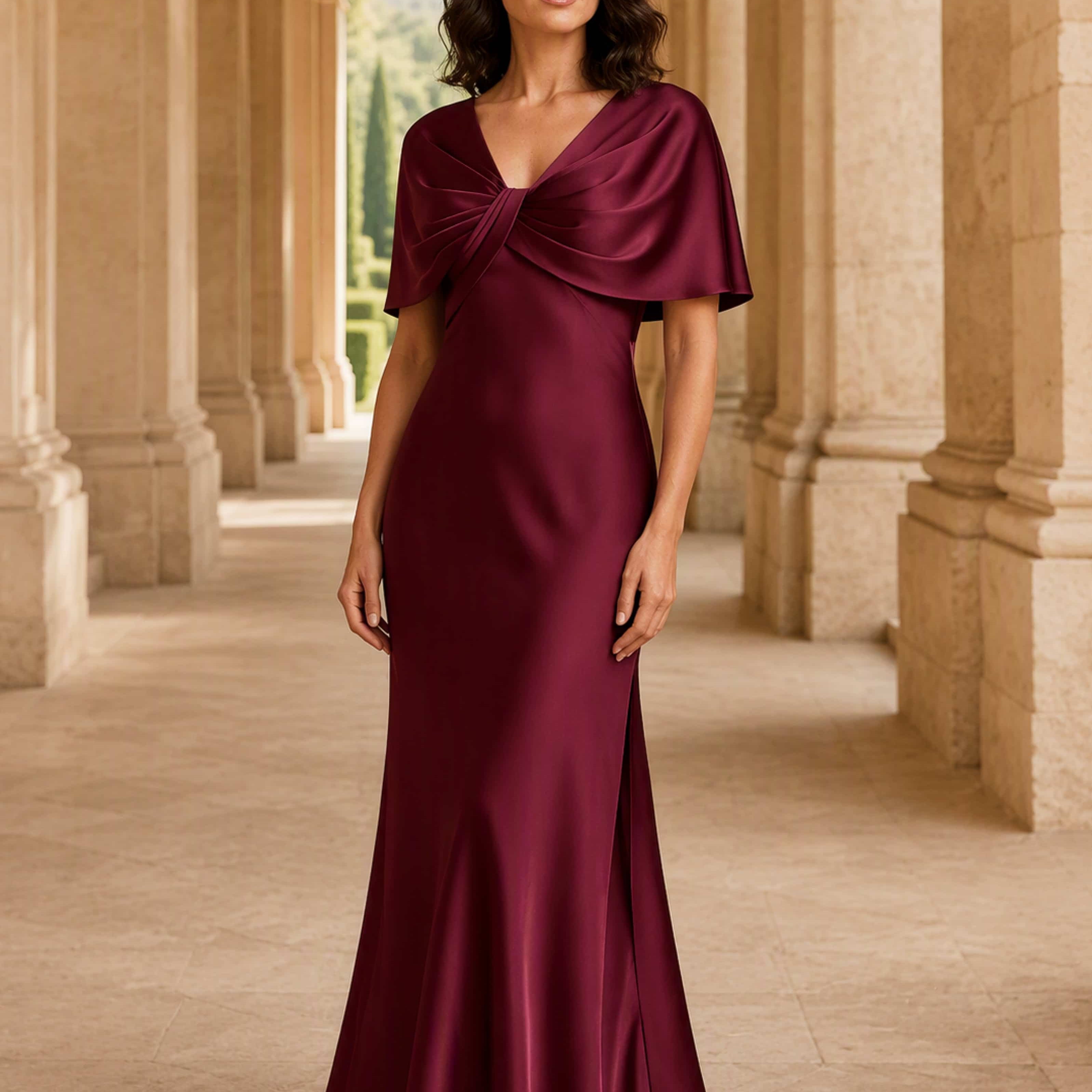 Satin Half Sleeve Cape Mermaid Elegant Formal Evening Dress