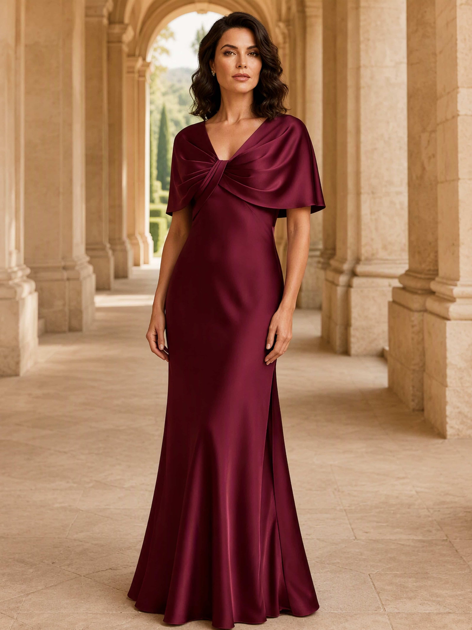 Satin Half Sleeve Cape Mermaid Elegant Formal Evening Dress