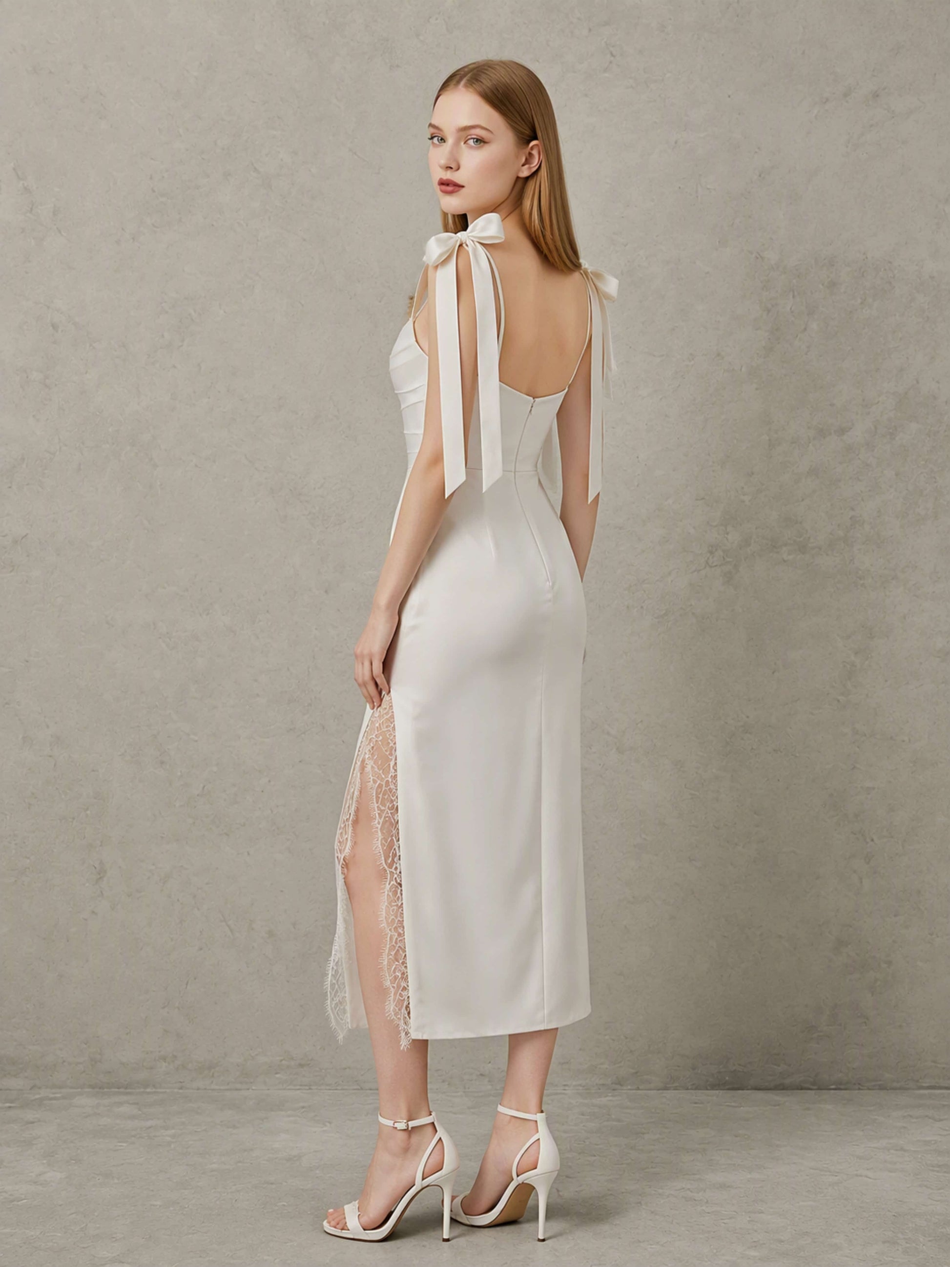 Satin Lace Tea Length Mermaid Wedding Dress with Slit
