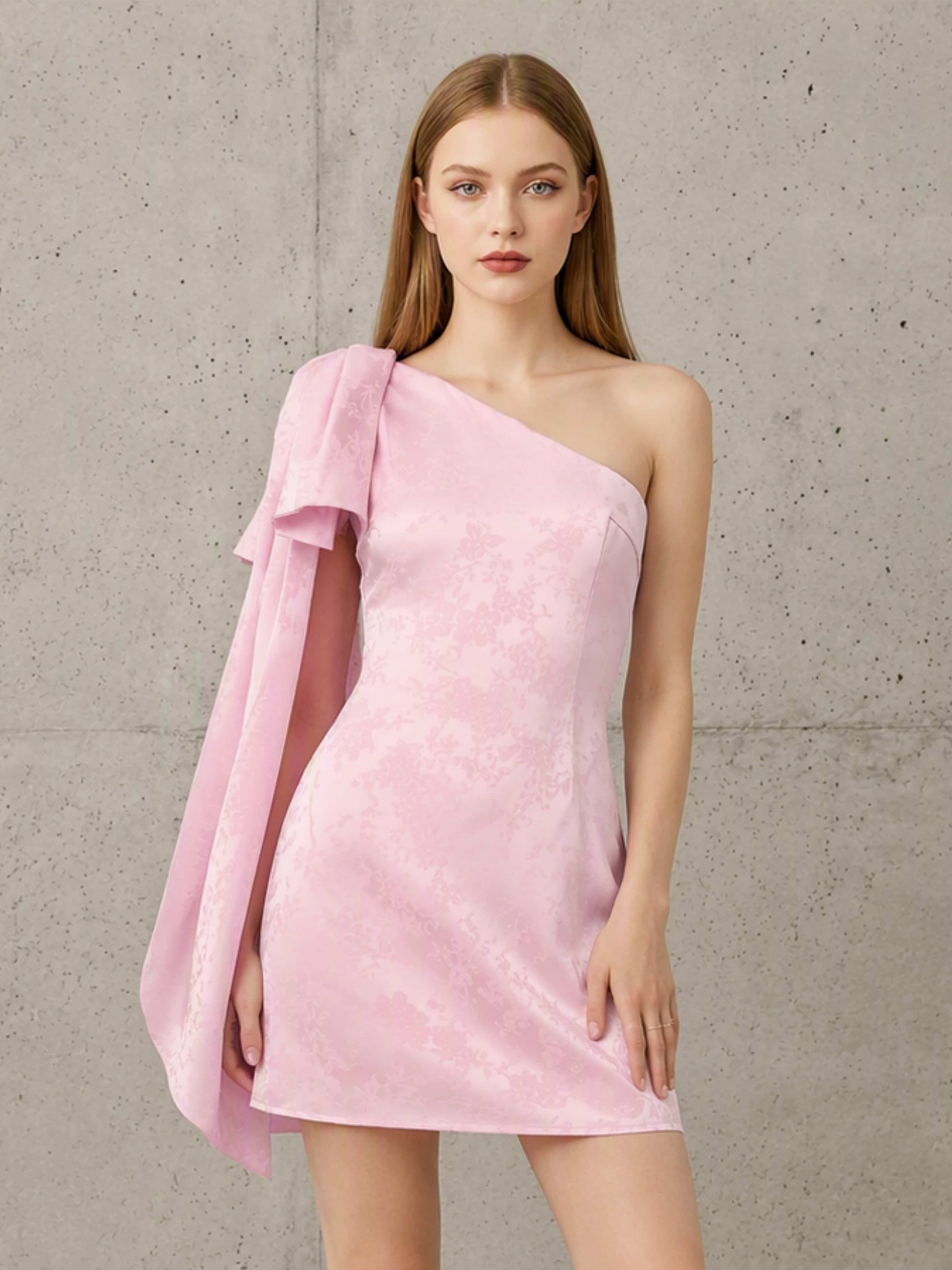 Satin Jacquard One Shoulder Short Homecoming Dress with Bow