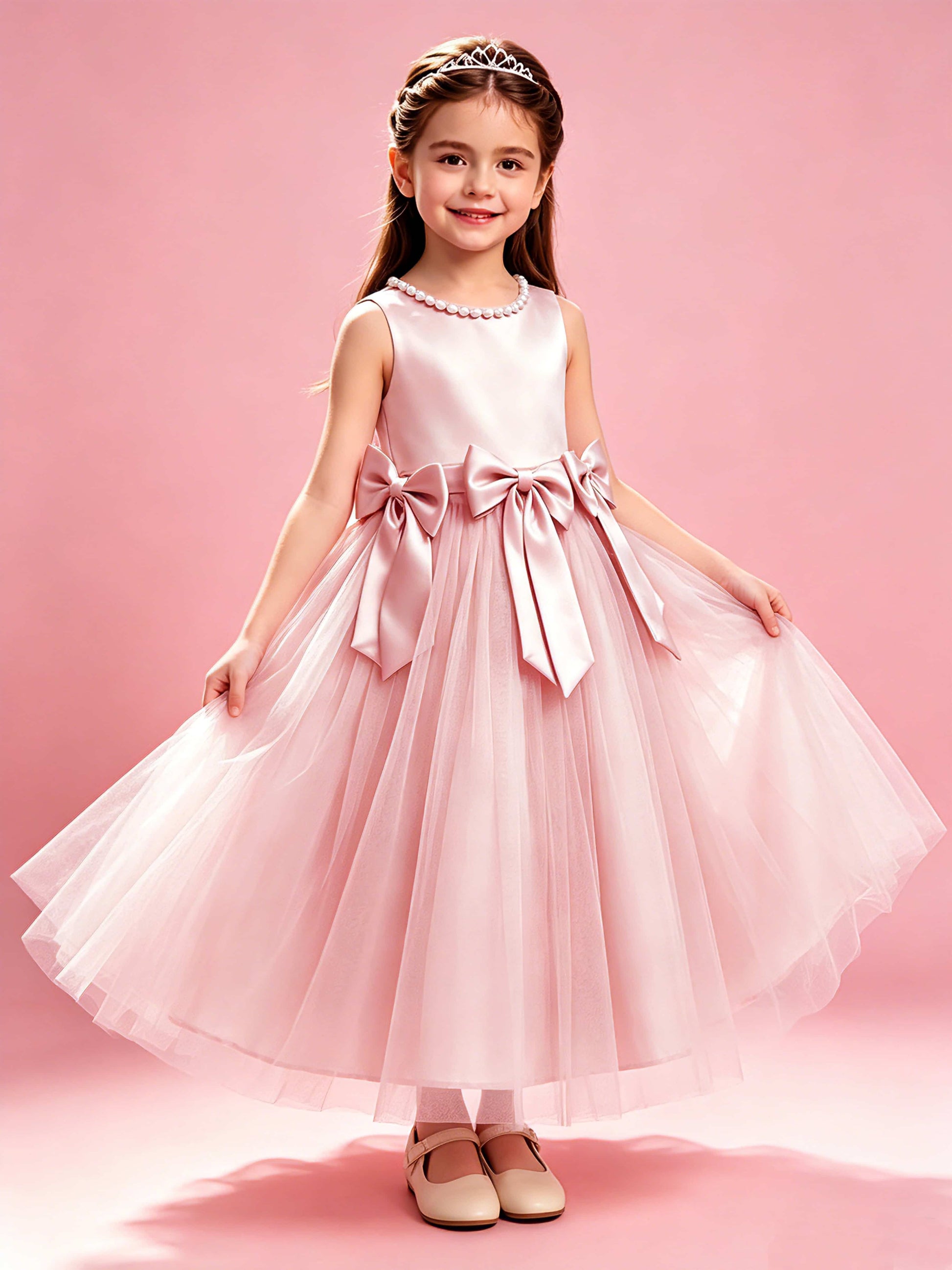 Satin Tulle Flower Girl Dress with Bow Princess Girls Pageant Gowns