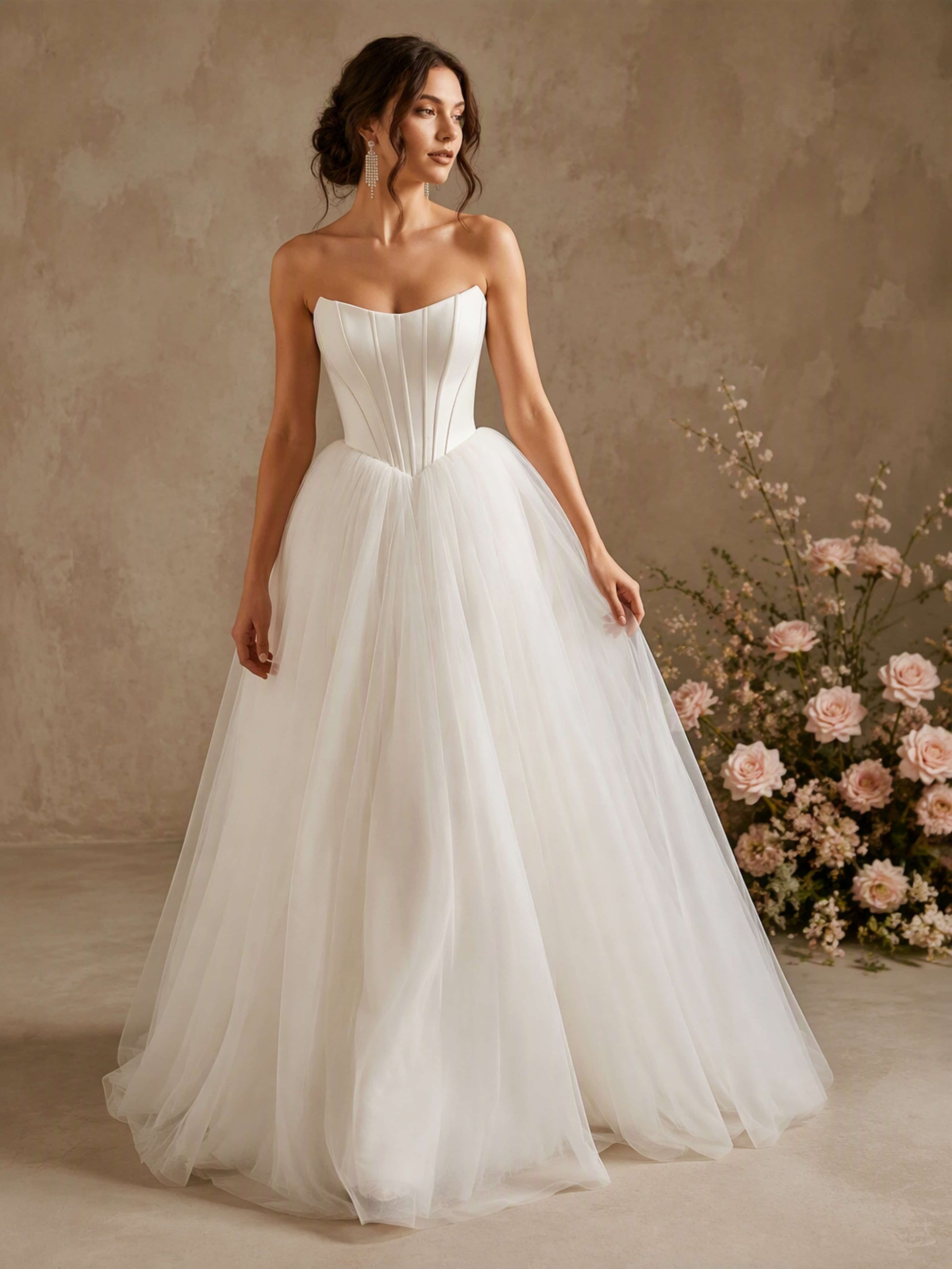 Strapless Corset Satin Tulle Puffy Long Wedding Dresses