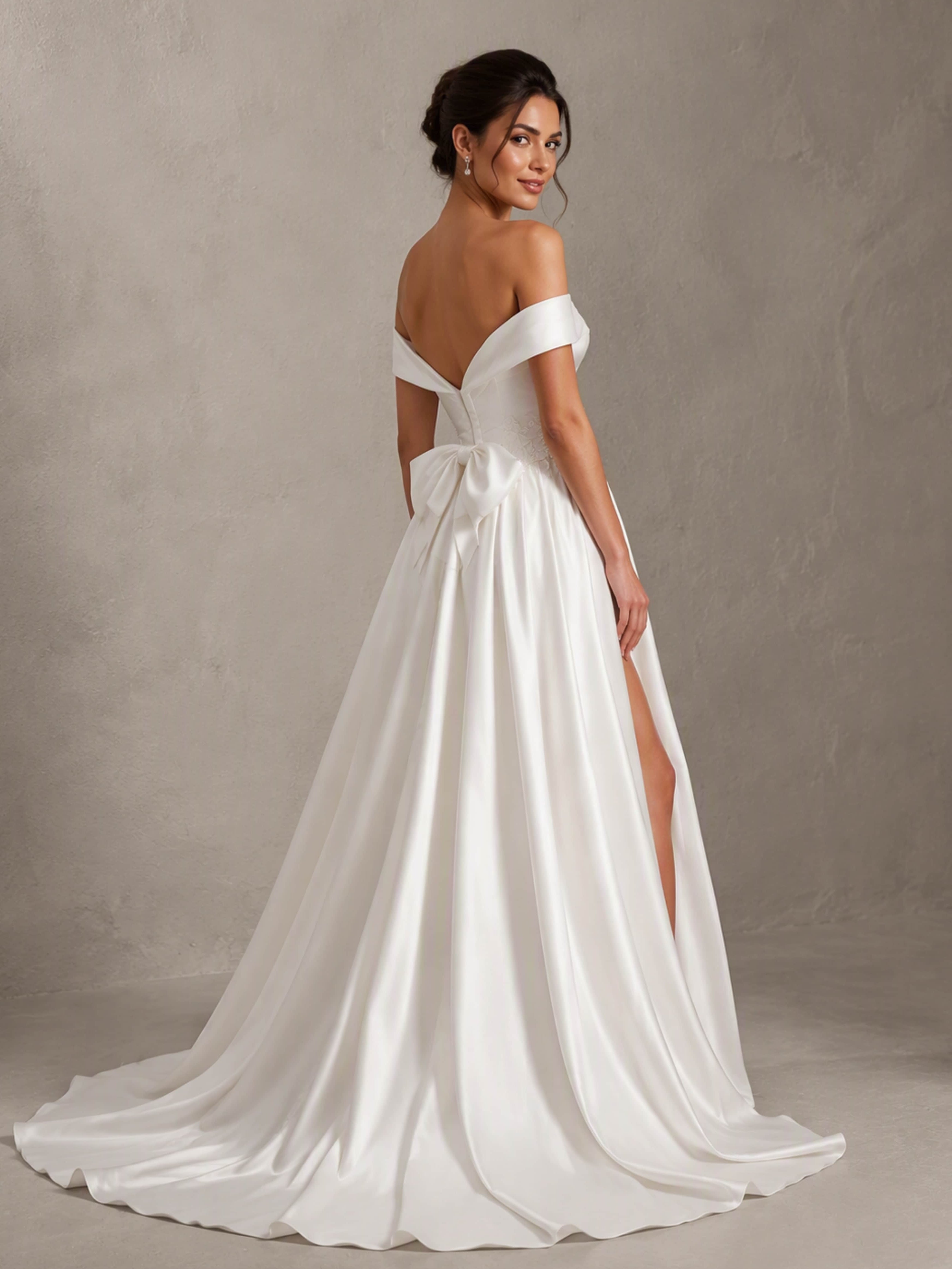 Off The Shoulder Long Satin Wedding Dress Elegant Ball Gown