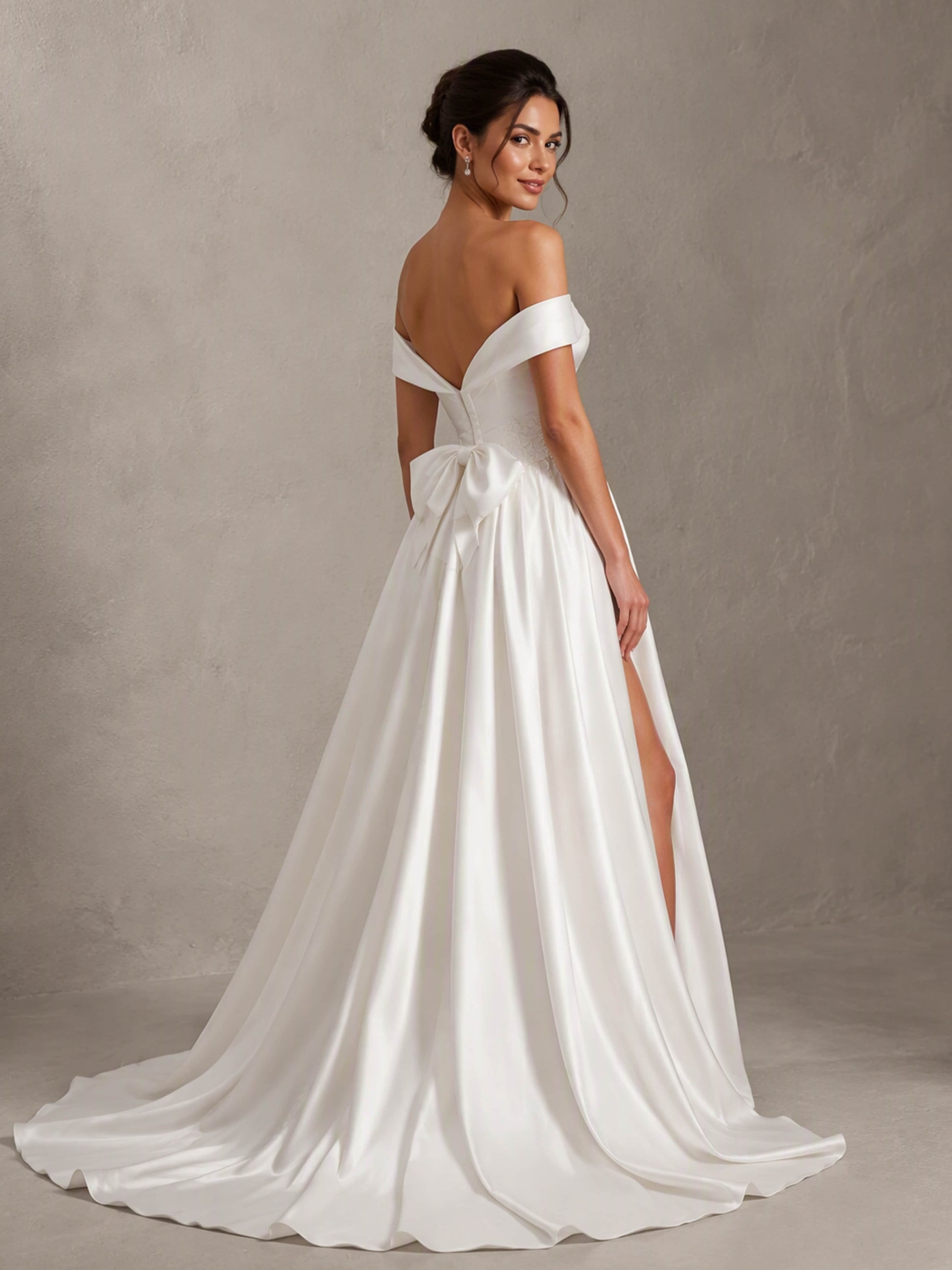 Off The Shoulder Long Satin Wedding Dress Elegant Ball Gown