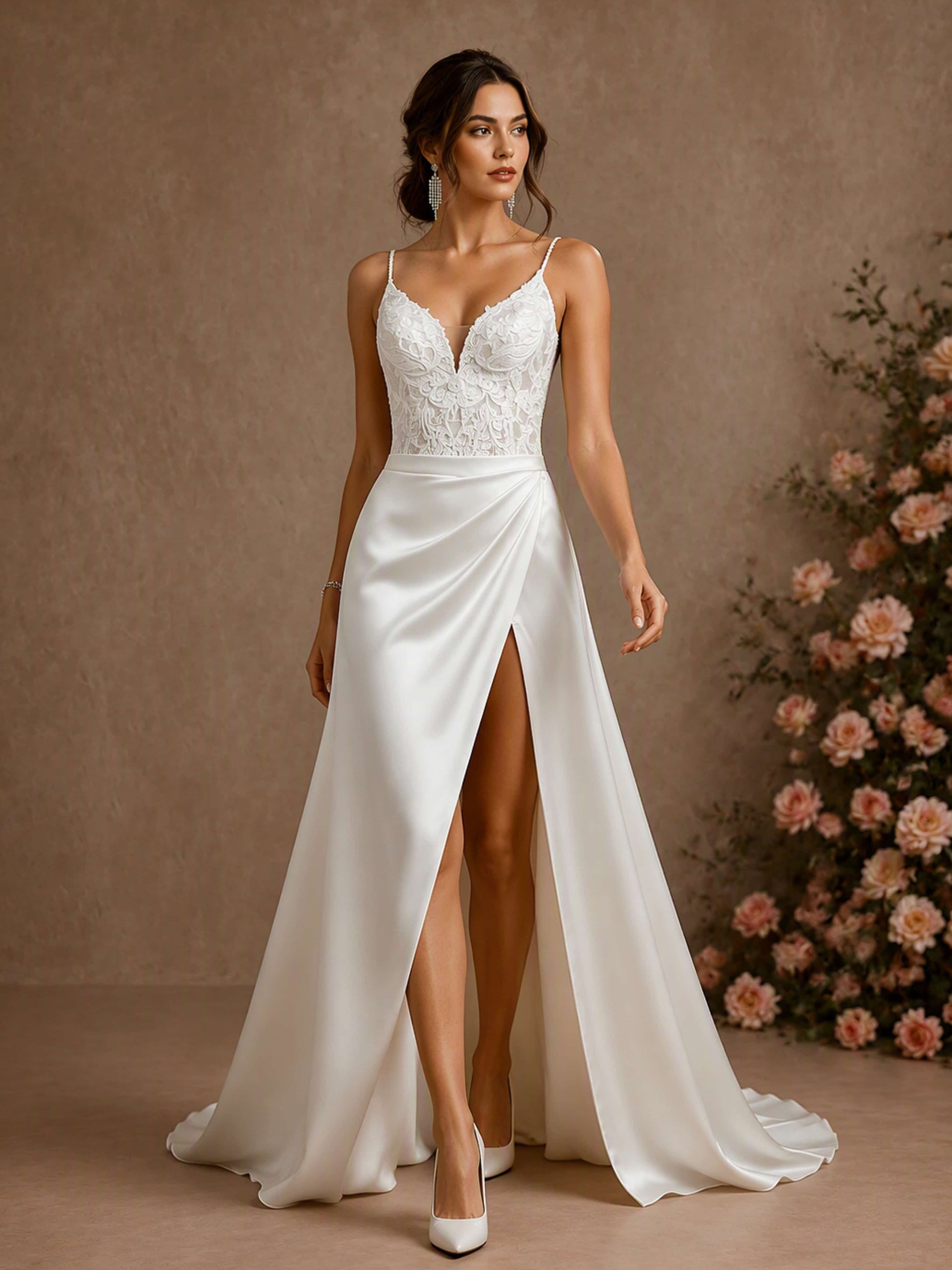 Spaghetti Straps Lace Satin V-Neck Wedding Dress with Slit