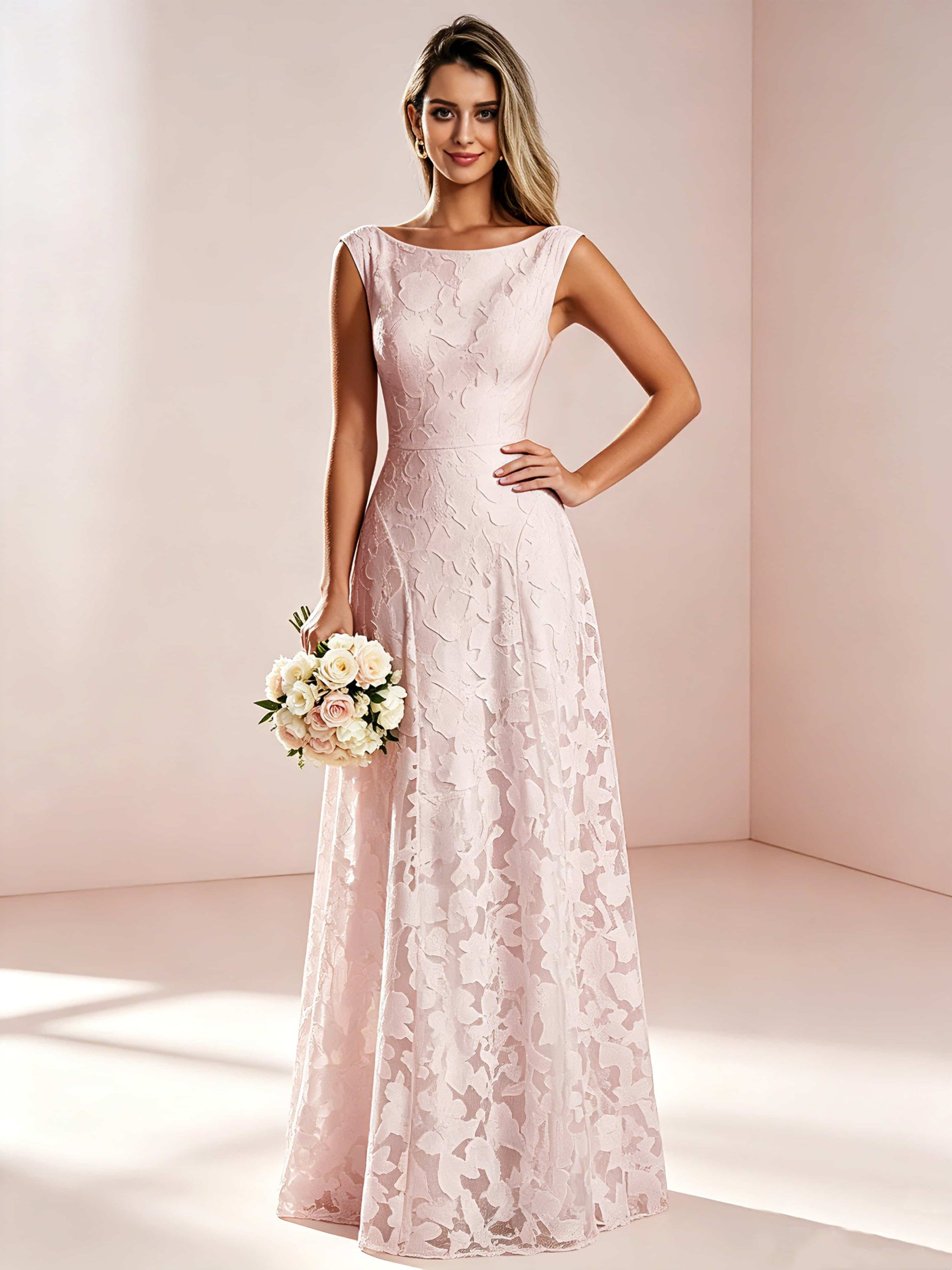 Boat Neck Jacquard Chiffon Floor Length Bridesmaid Dresses