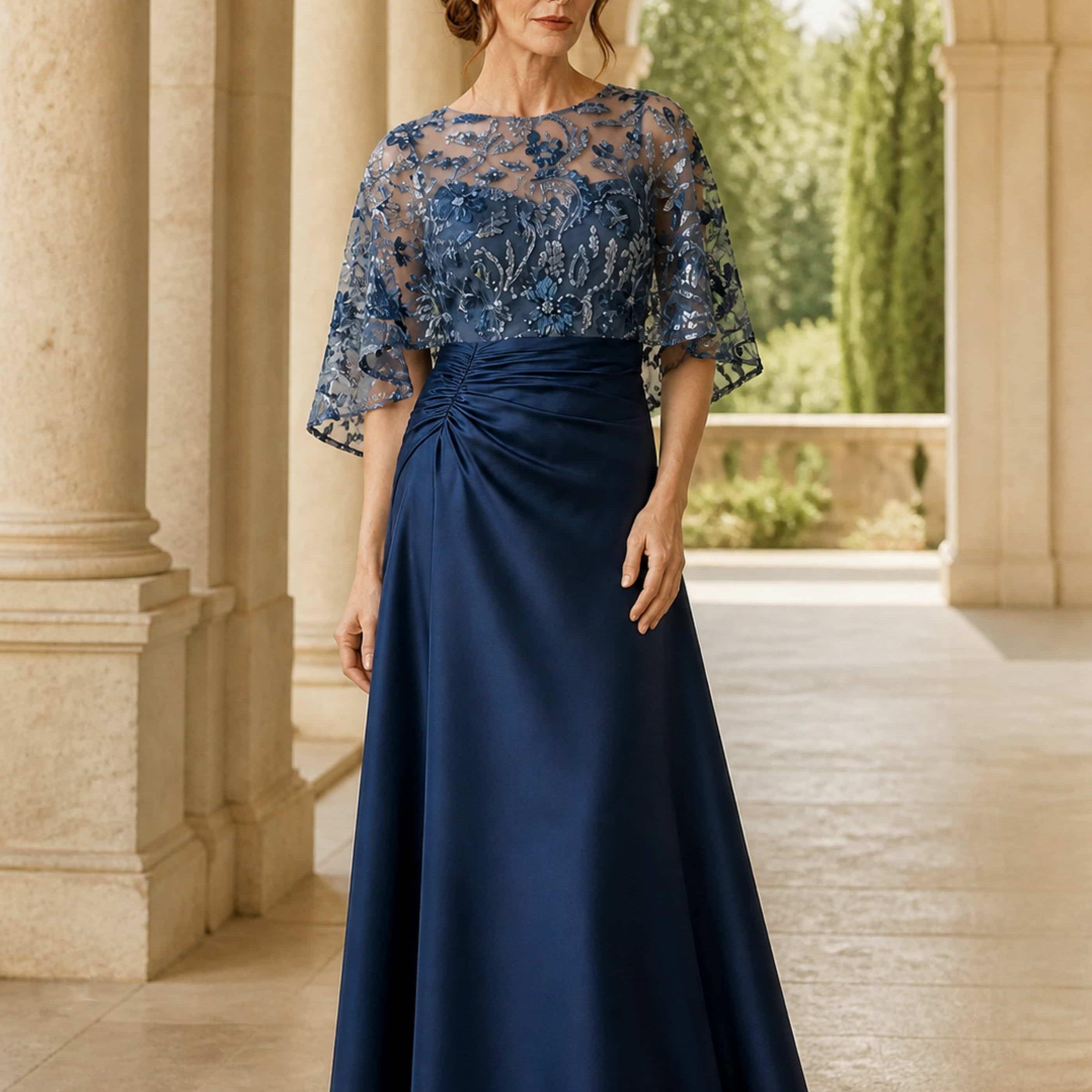 Sequin Satin Dressy Mother of The Bride Dress with Cape