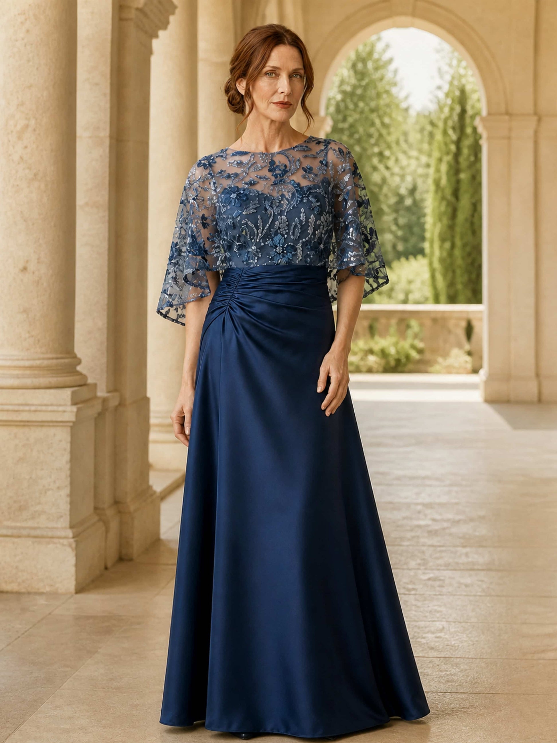 Sequin Satin Dressy Mother of The Bride Dress with Cape