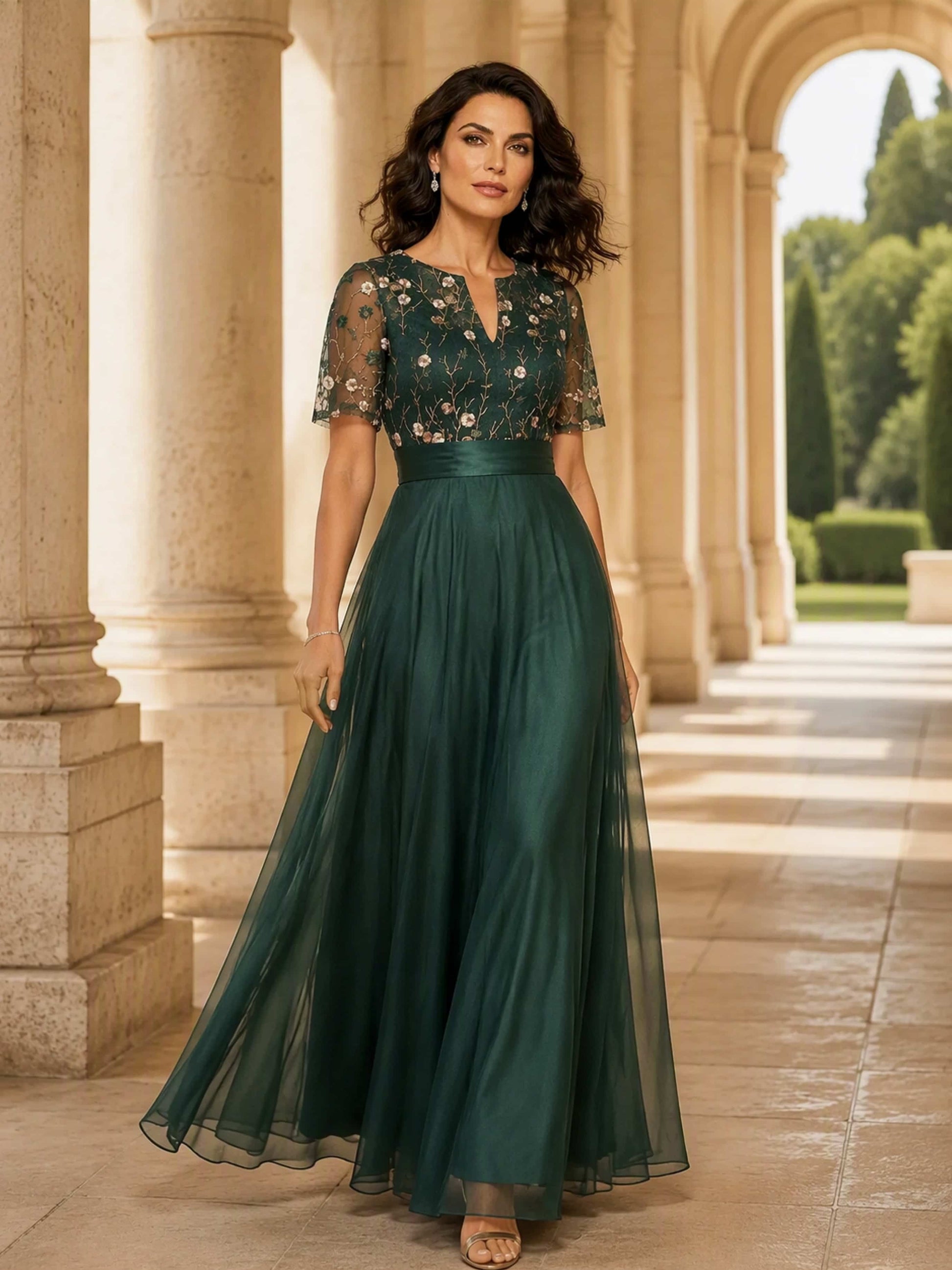 Short Sleeve Embroidery Tulle Puffy Mother of Groom/Bride Dress