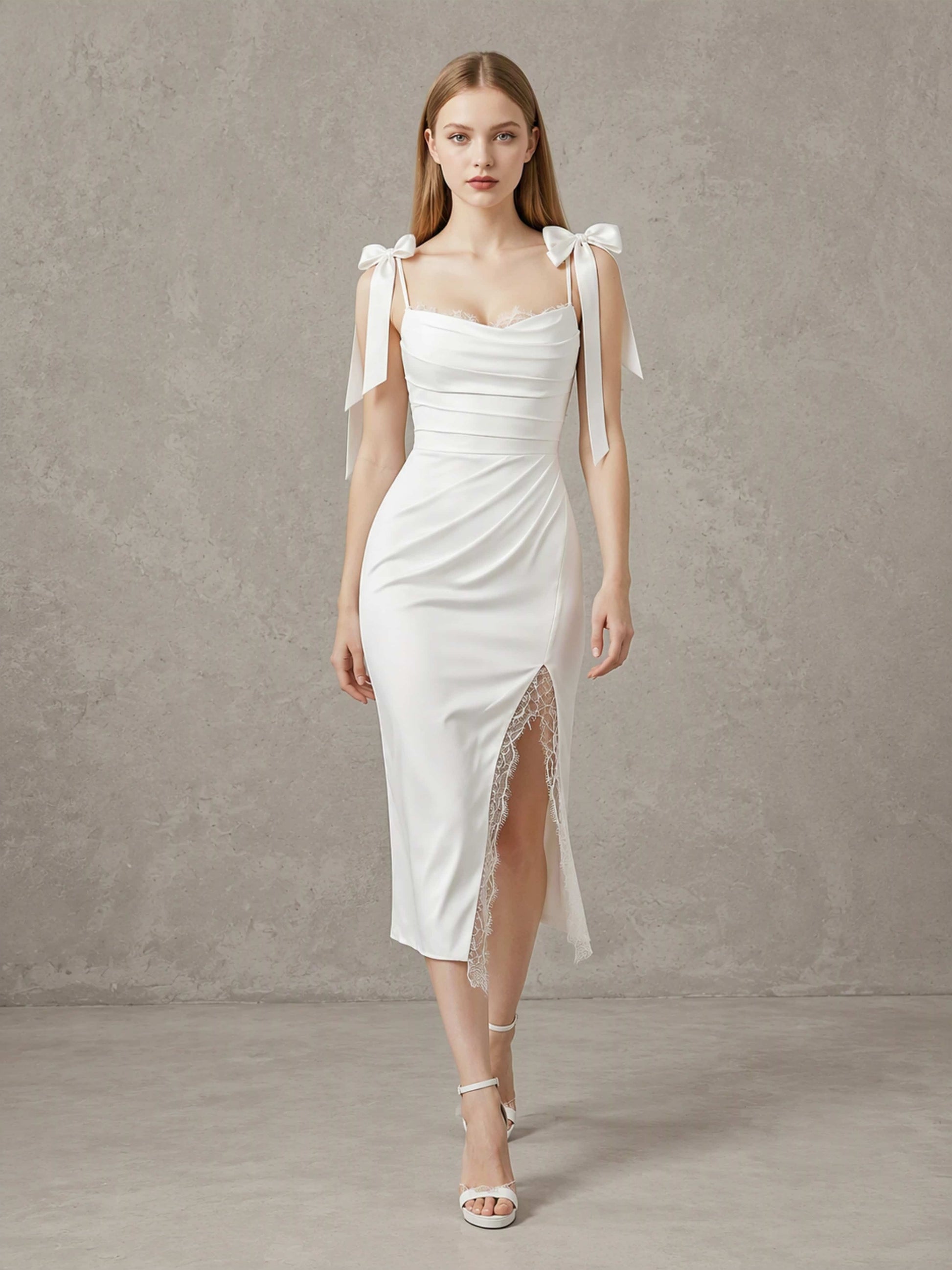 Satin Lace Tea Length Mermaid Wedding Dress with Slit