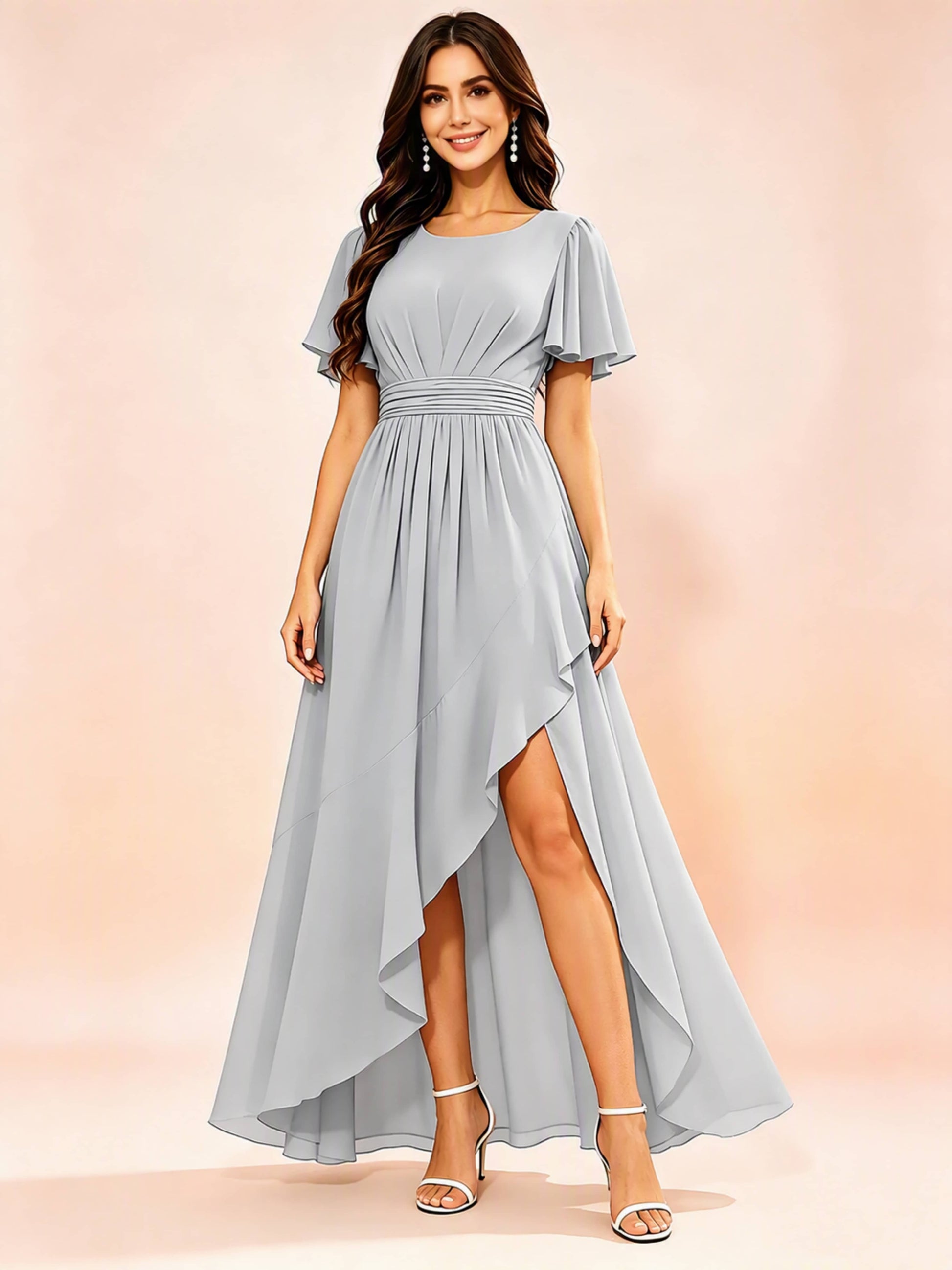 Chiffon High Low Round Neck Bridesmaid / Wedding Guest Dresses