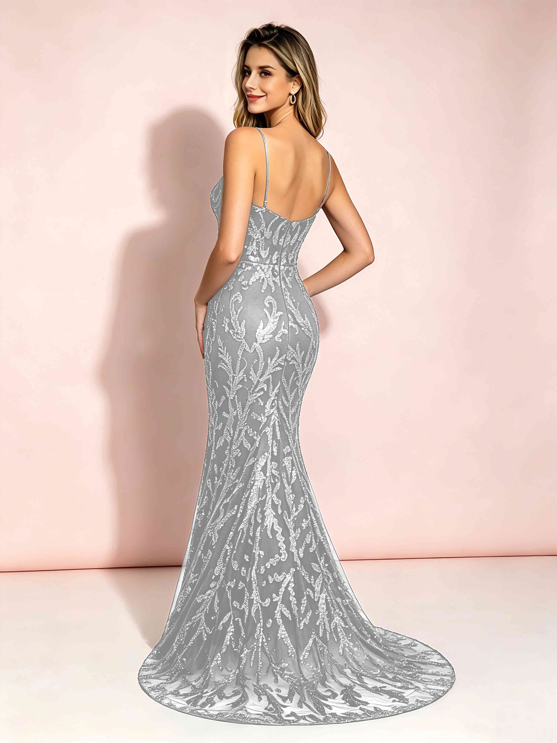 Mermaid V-Neck Sweep Train Sequin Sparkly Prom Dresses with Slit