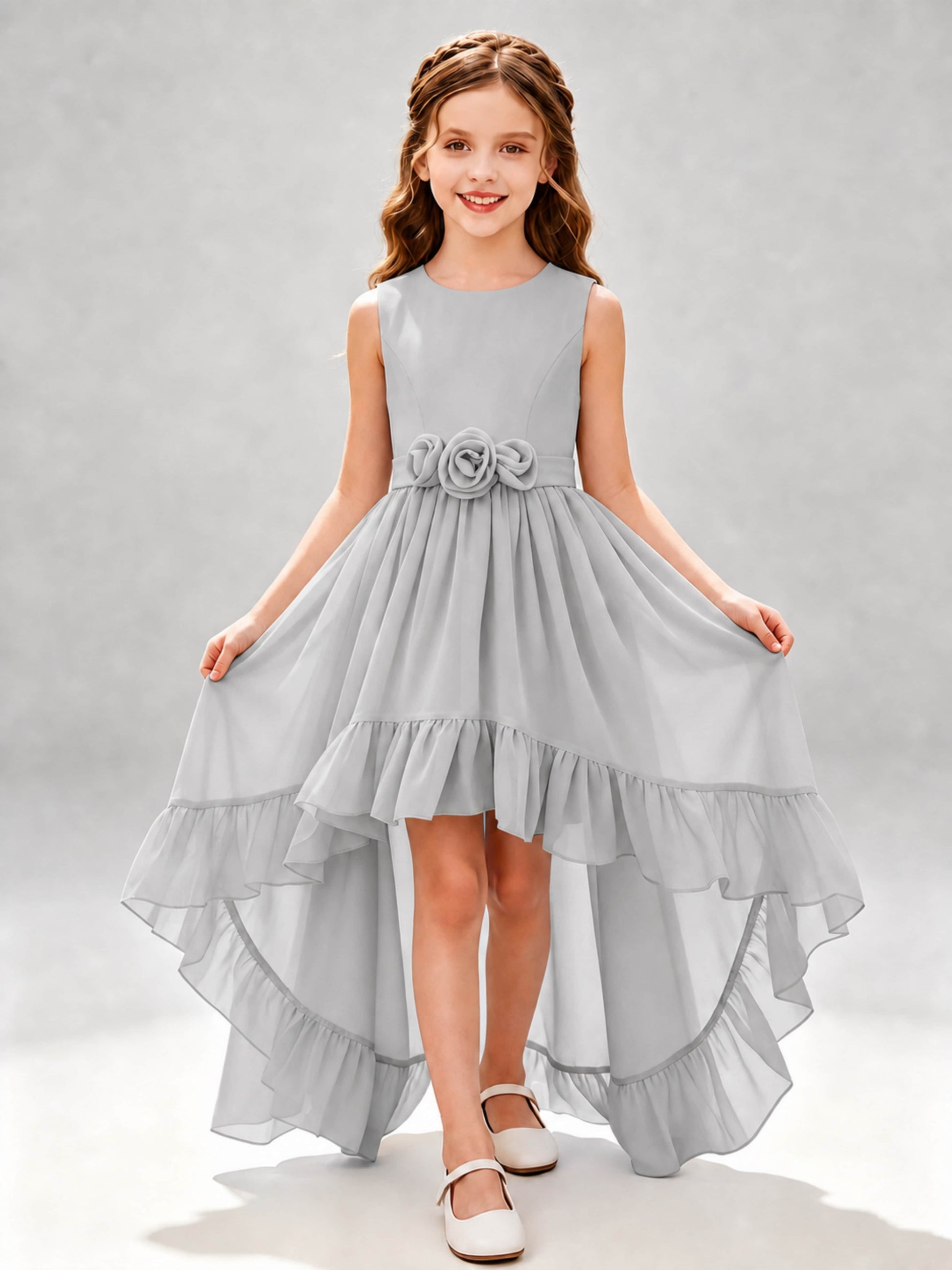 Chiffon 3D Flower High Low Junior Bridesmaid Dresses