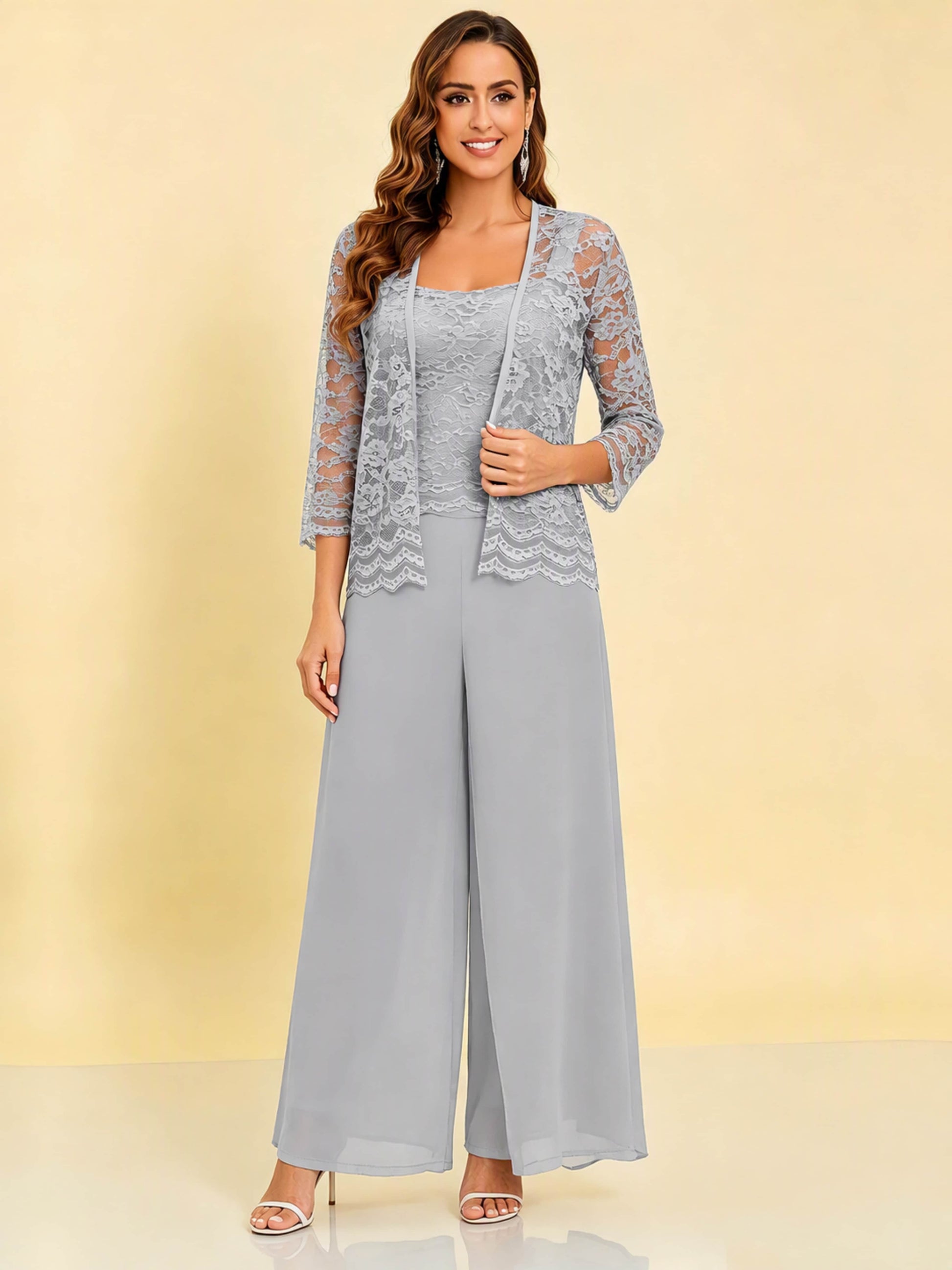 Chiffon Lace Flowy 3 Pieces Mother of The Bride Pant Suits Women Wedding