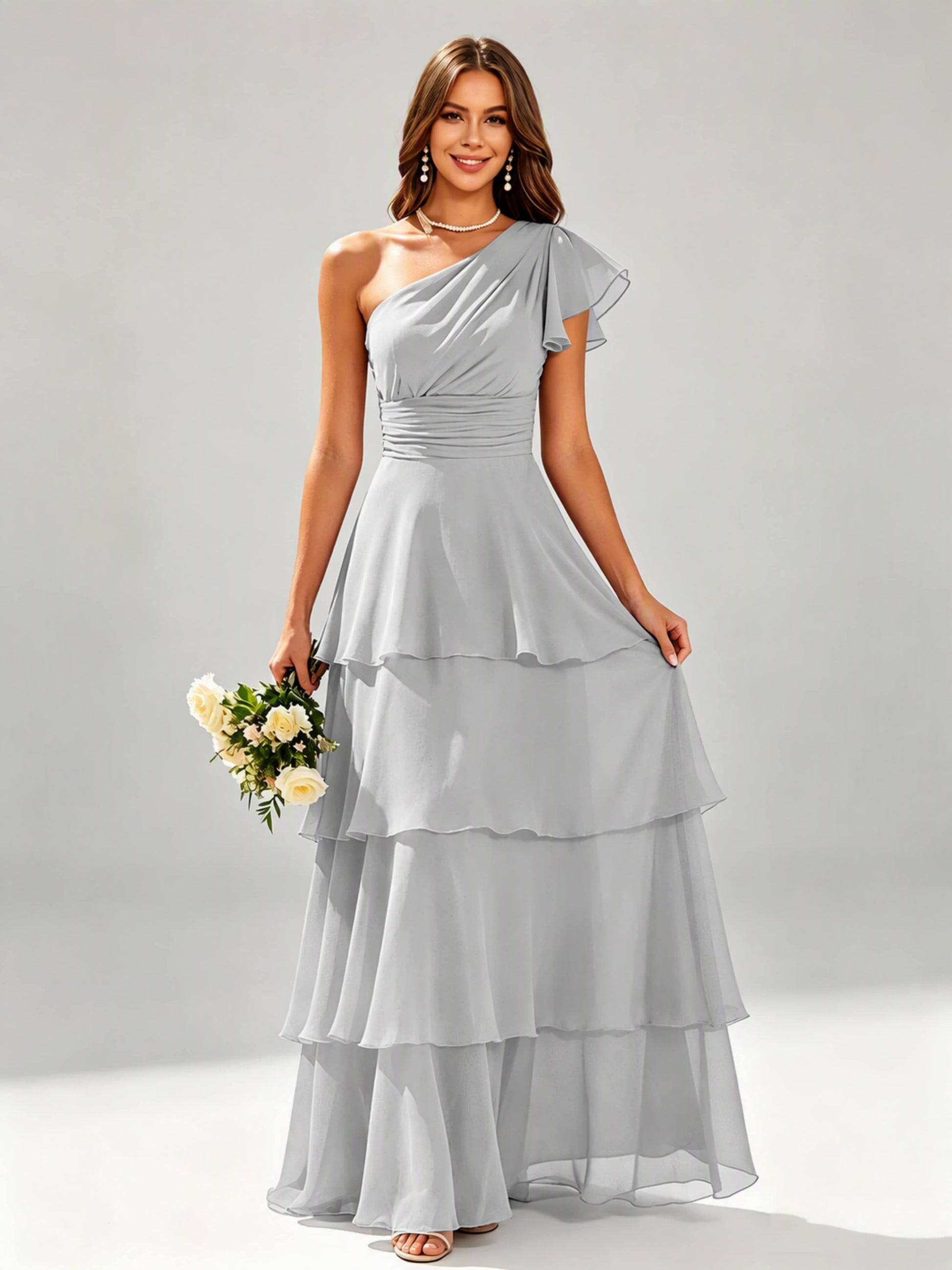 One Shoulder Ruffle Tiered Chiffon Bridesmaid Dress for Wedding