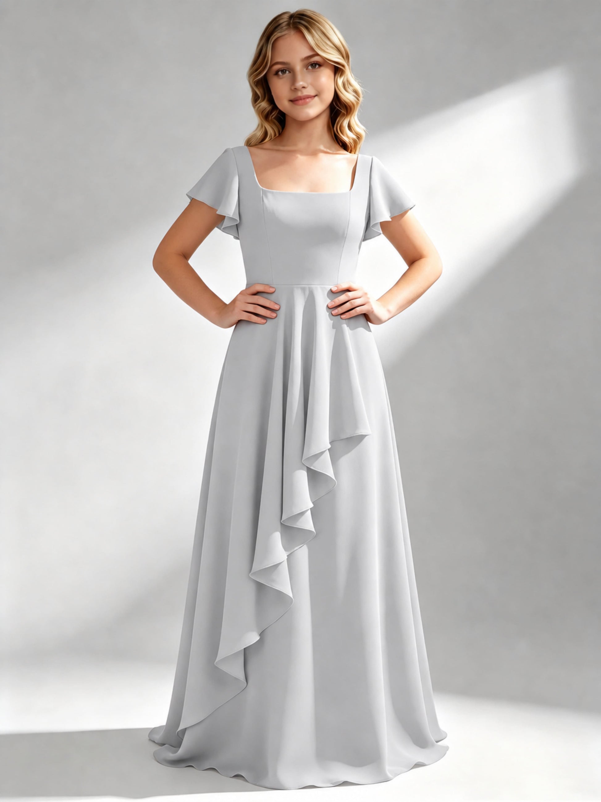 A-Line Square Neck Ruffle Junior Bridesmaid Dresses