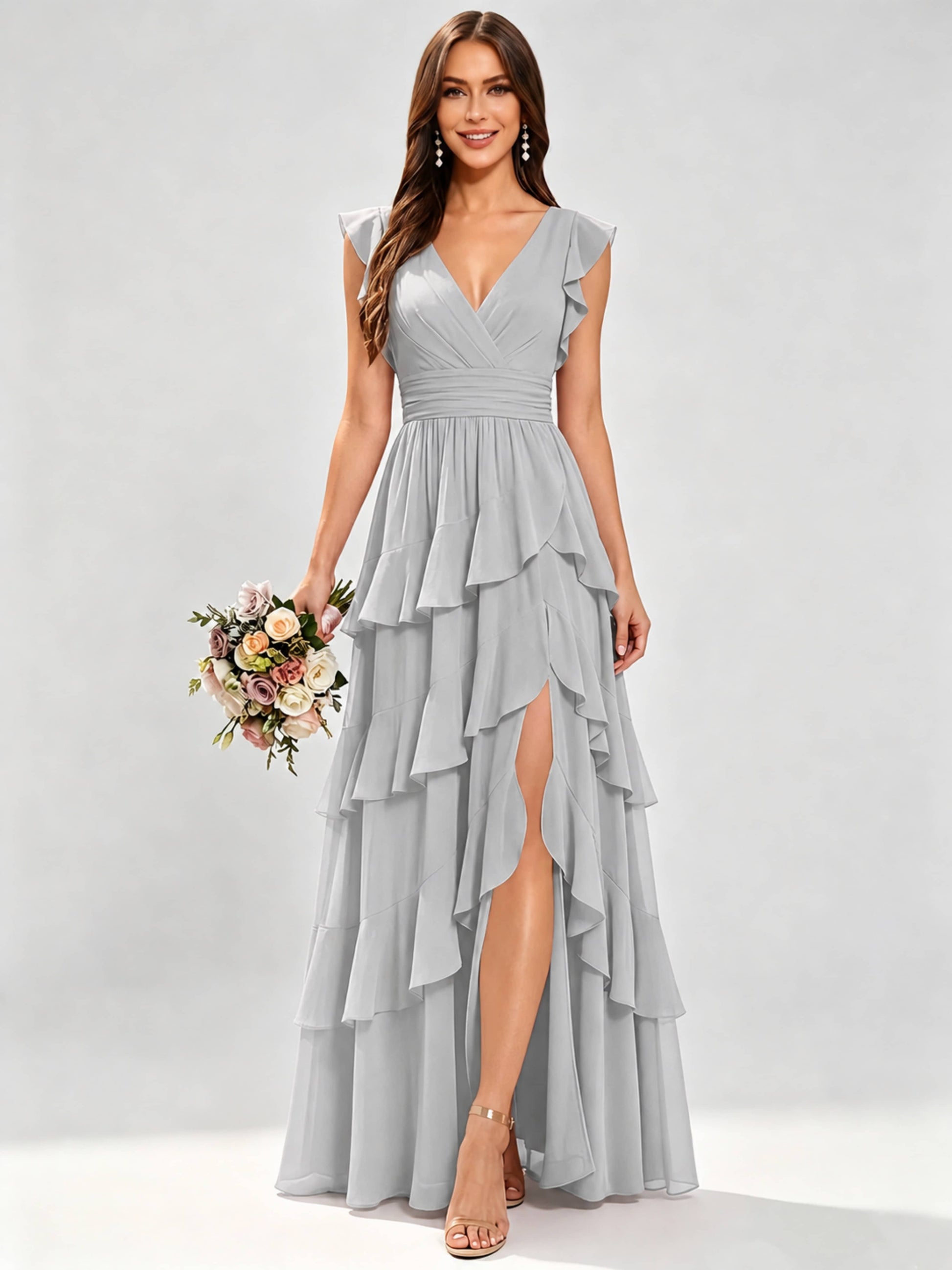 Ruffle Sleeve Tiered Chiffon Bridesmaid Dresses for Wedding with Slit