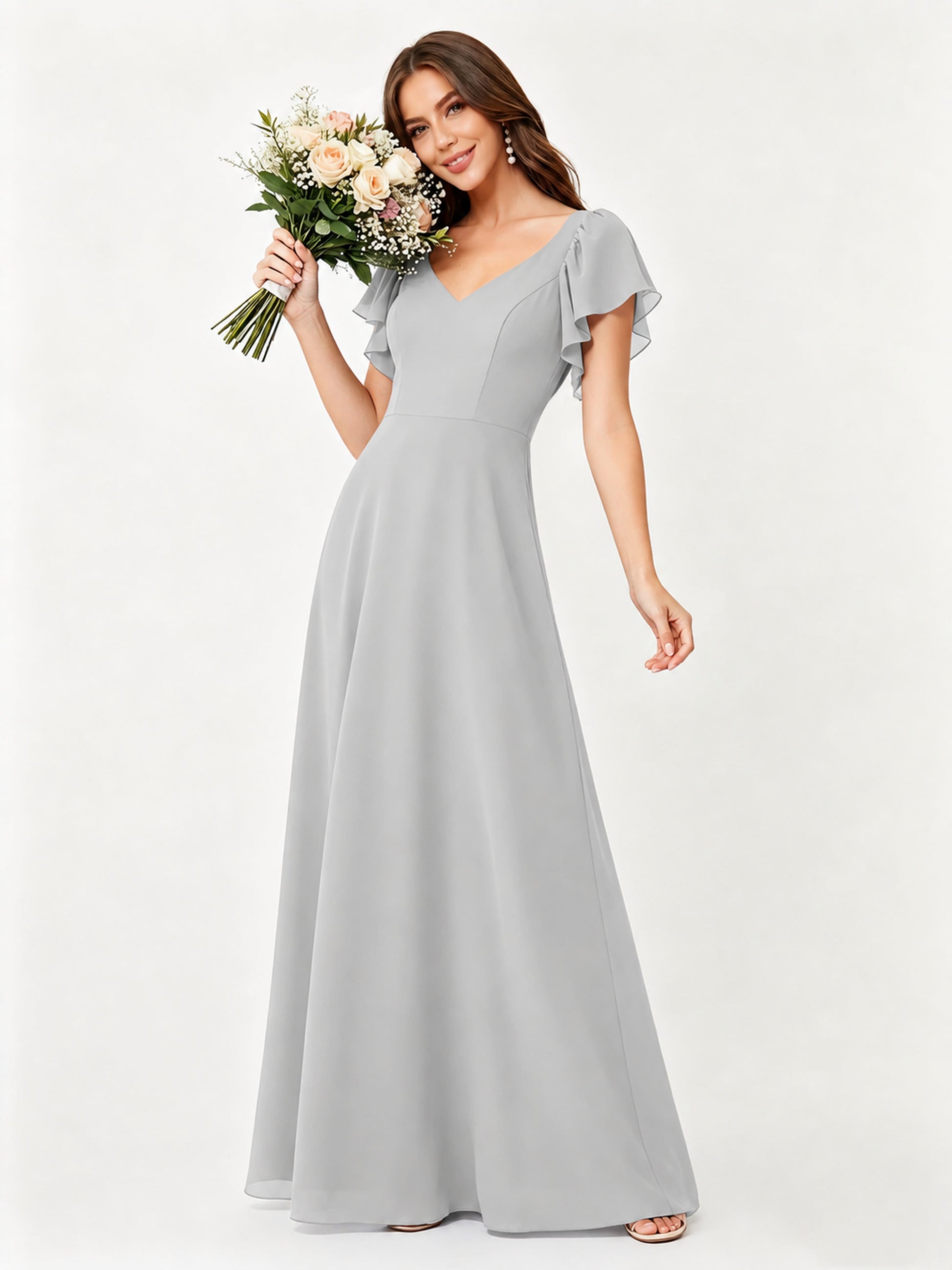 Ruffle Sleeve Chiffon Bridesmaid Dresses for Women Wedding