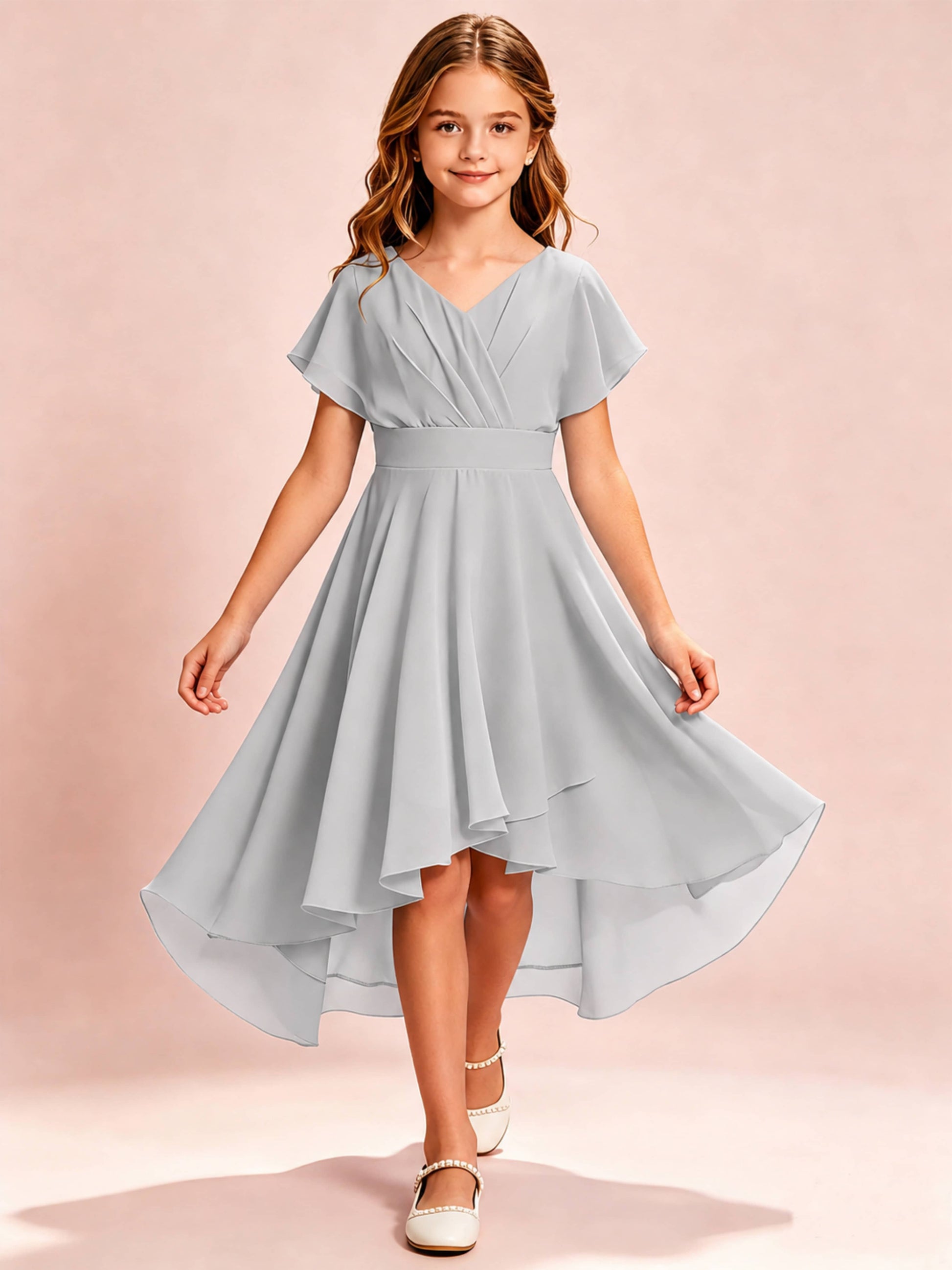 Chiffon High Low Cap Sleeve Junior Bridesmaid Dress for Wedding