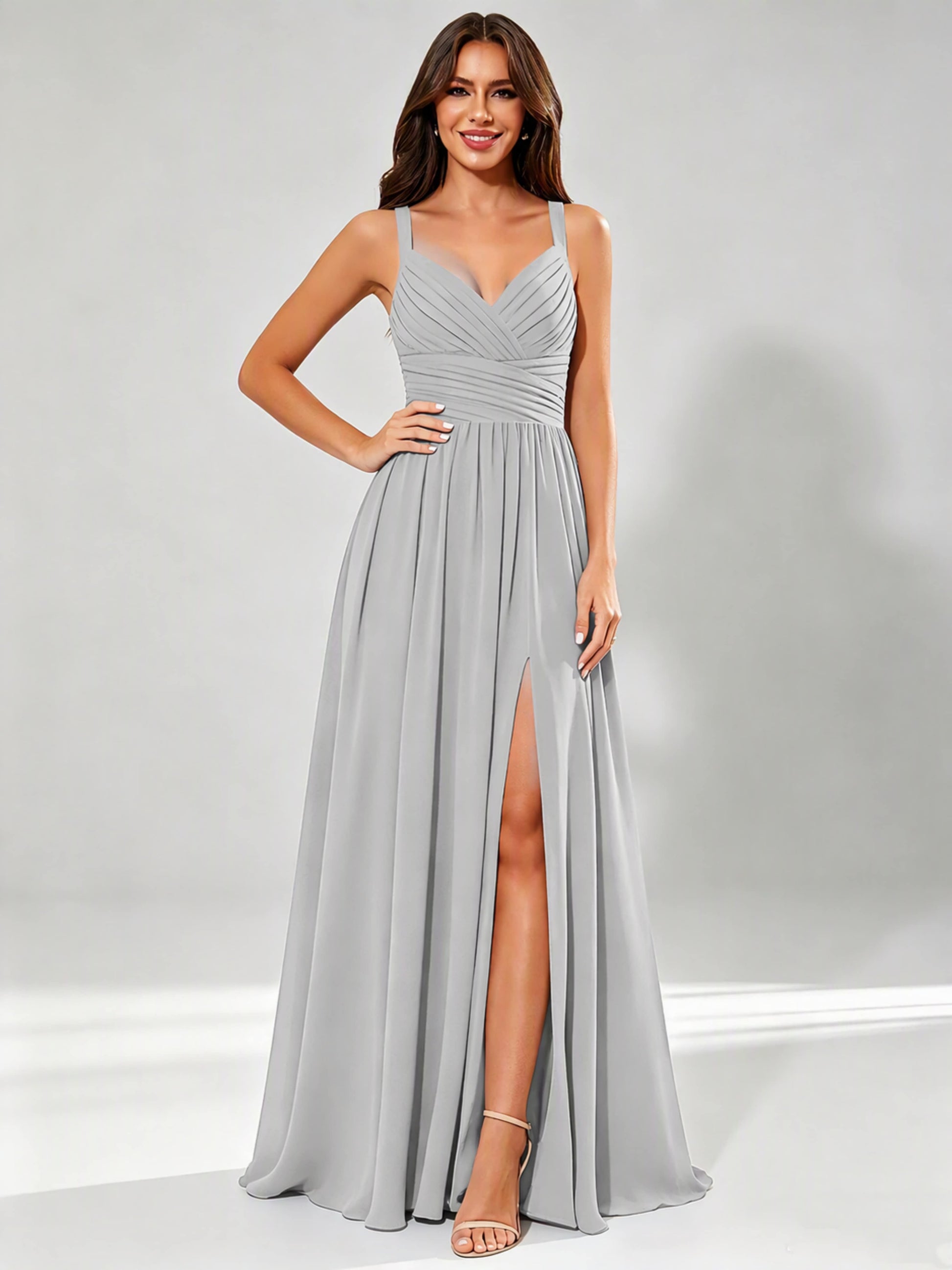 Spaghetti Straps Chiffon Ruched Bust Pleated Bridesmaid Dress for Wedding
