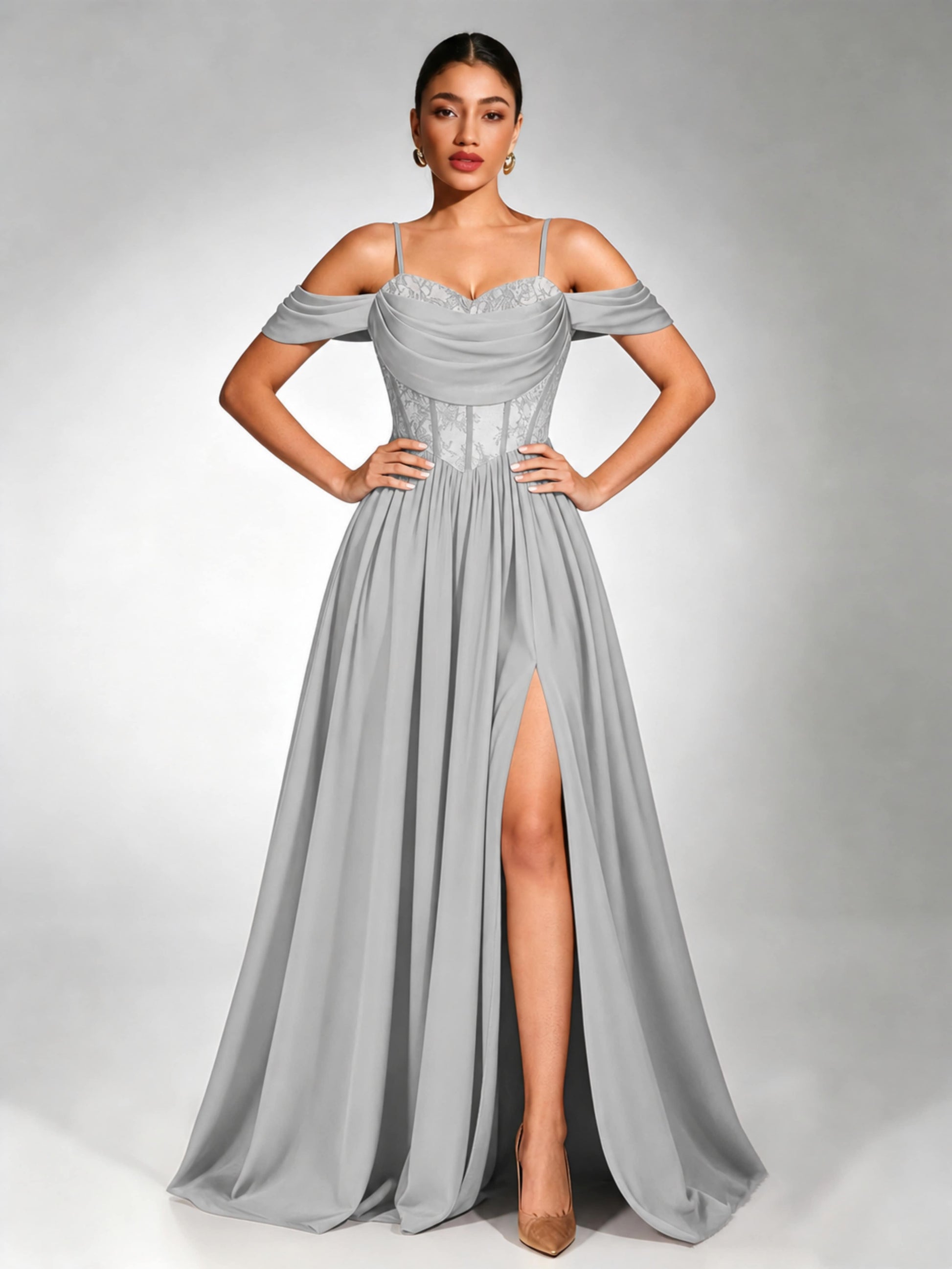 Off Shoulder Chiffon Lace Prom Dress for Teens