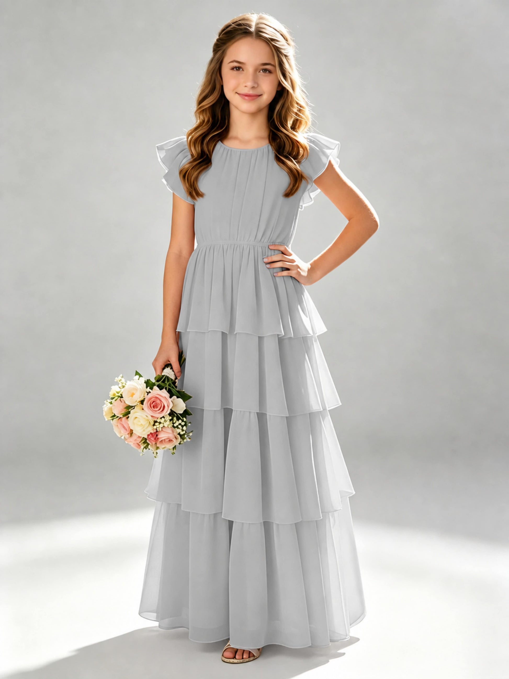 Chiffon Tiered Pleated Long Junior Bridesmaid Dresses