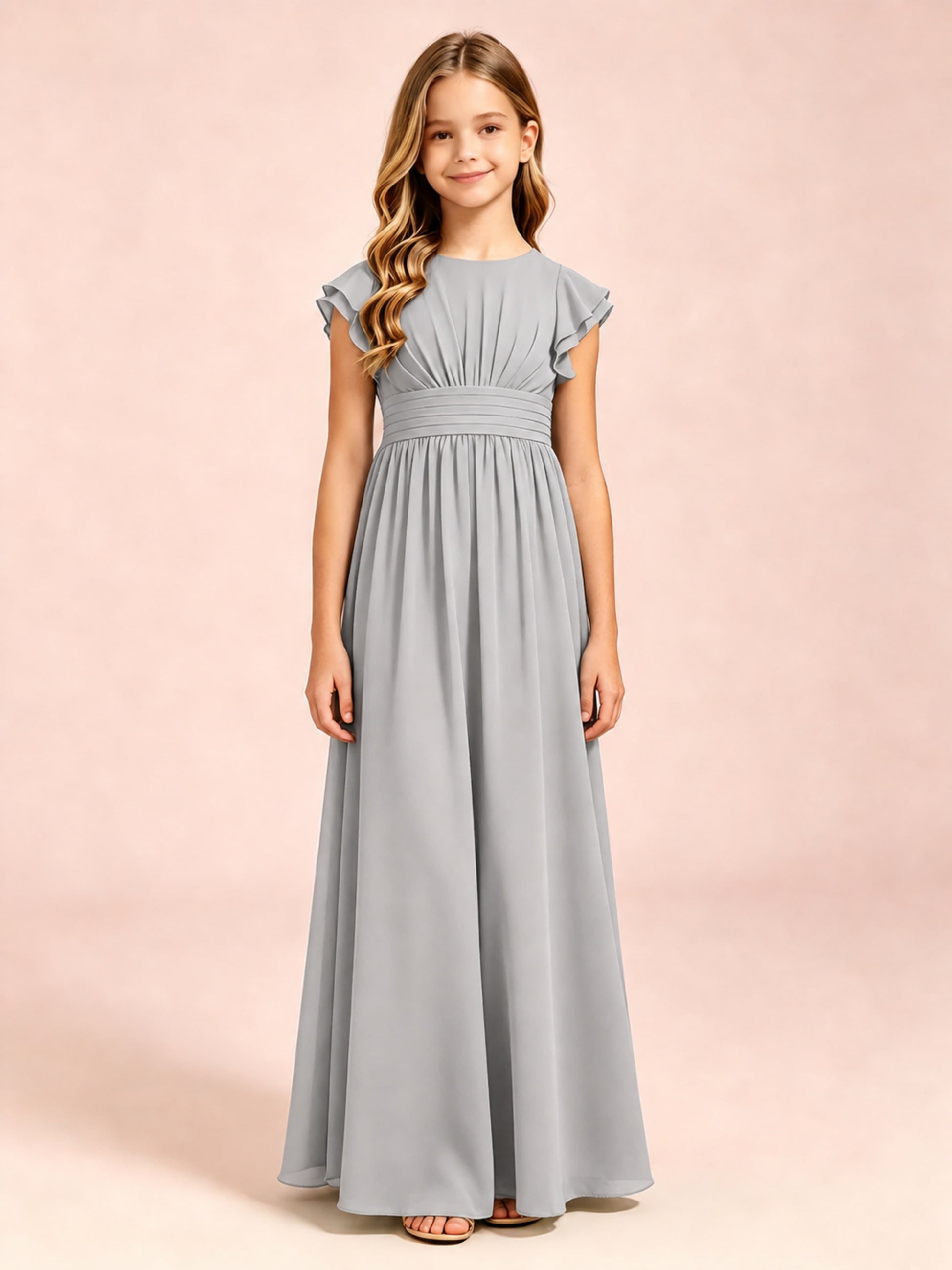 Chiffon Ruffle Cap Sleeve Junior Bridesmaid Dress for Wedding