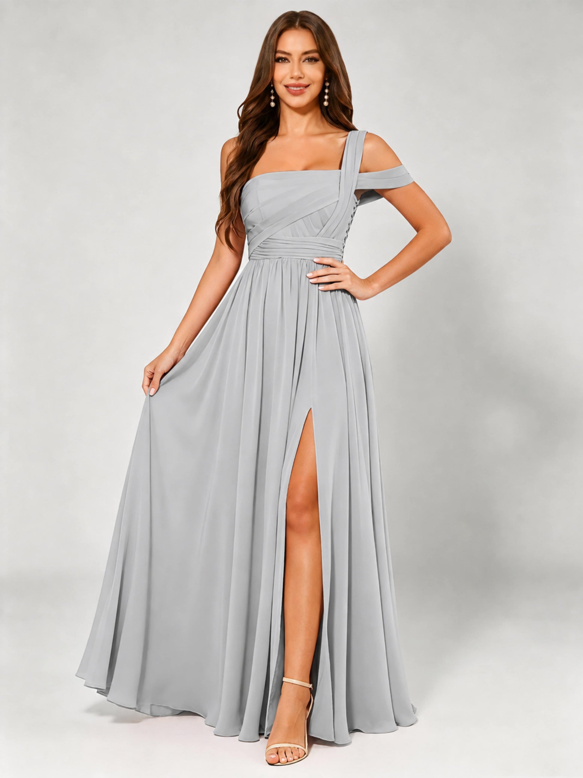 One Shoulder Chiffon Pleated Bridesmaid Dresses for Wedding