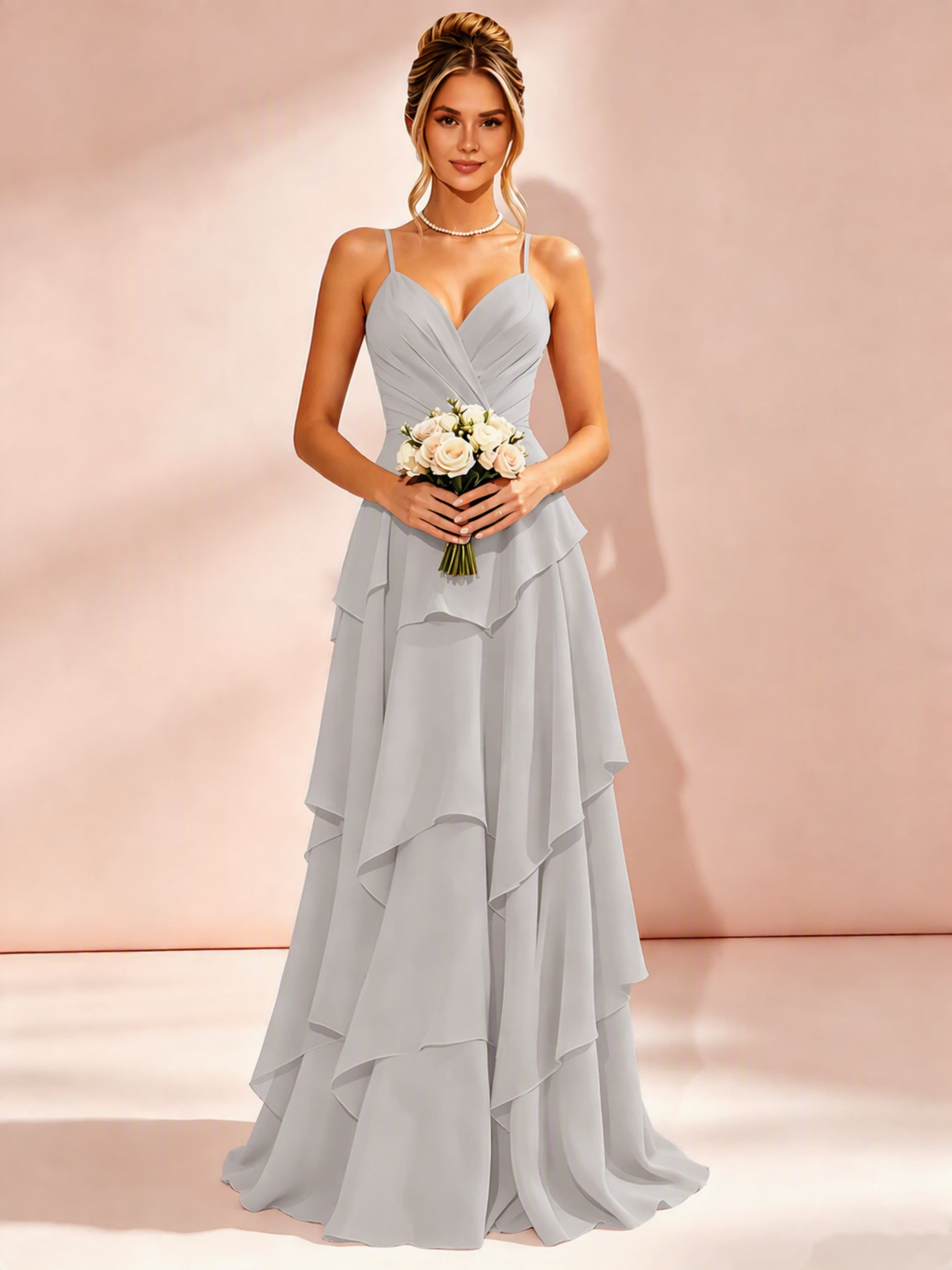 Spaghetti Straps Ruffle Tiered Chiffon Bridesmaid Dress for Wedding