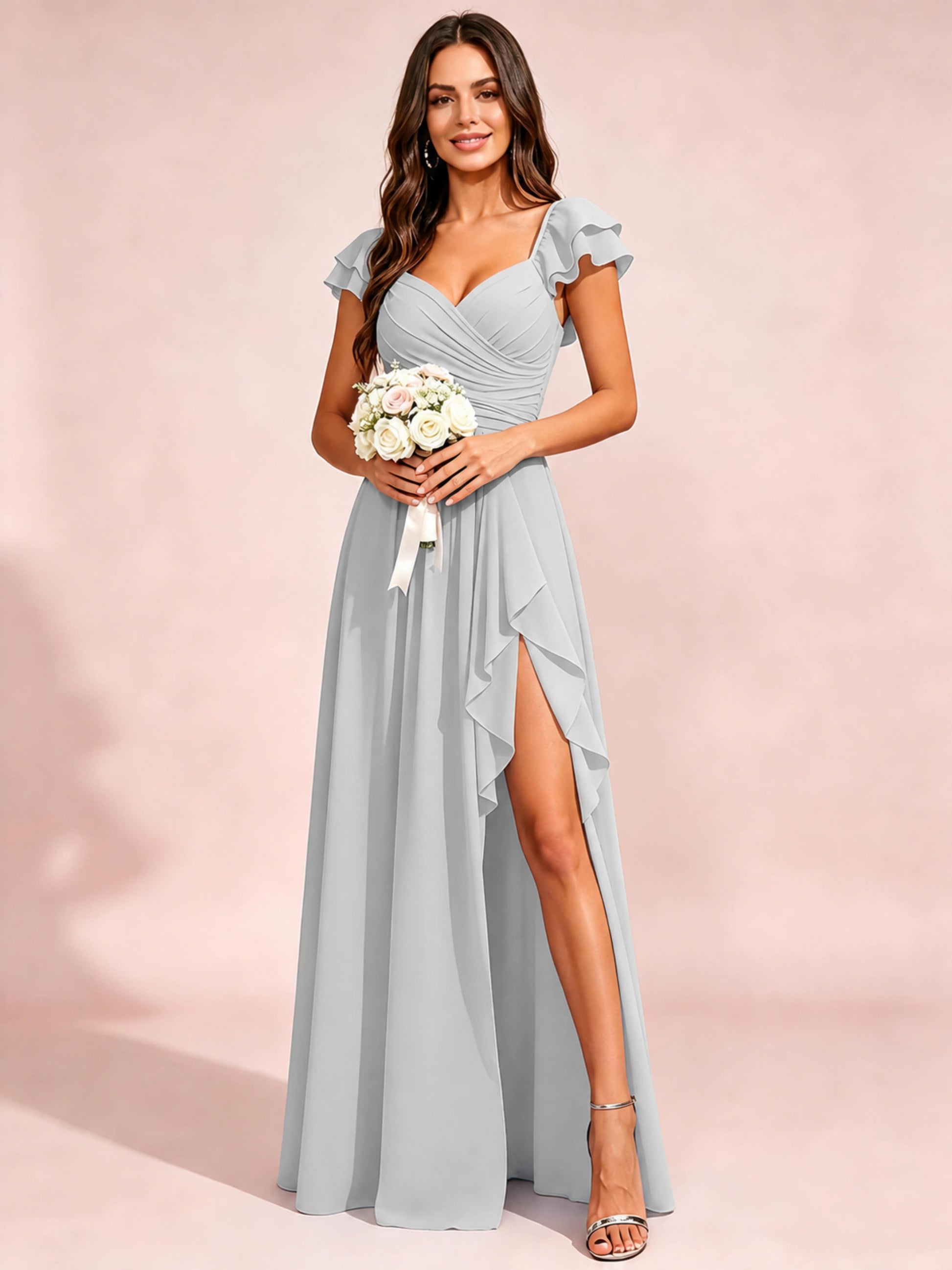 Chiffon Sweetheart Neck Ruched Bust Bridesmaid Dresses with Ruffle Slit