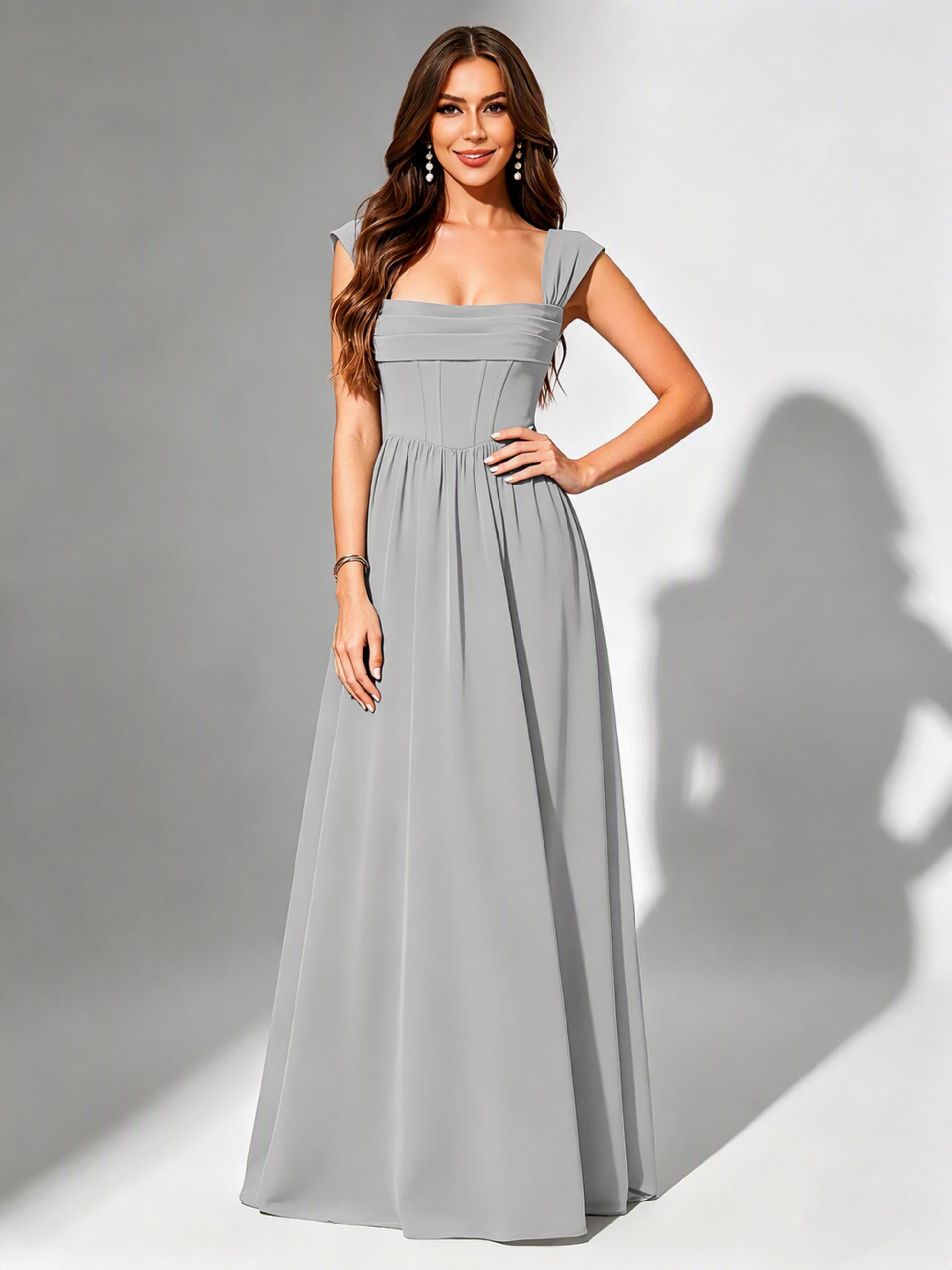 Square Neck Chiffon Bridesmaid Dress Corset Formal Gown